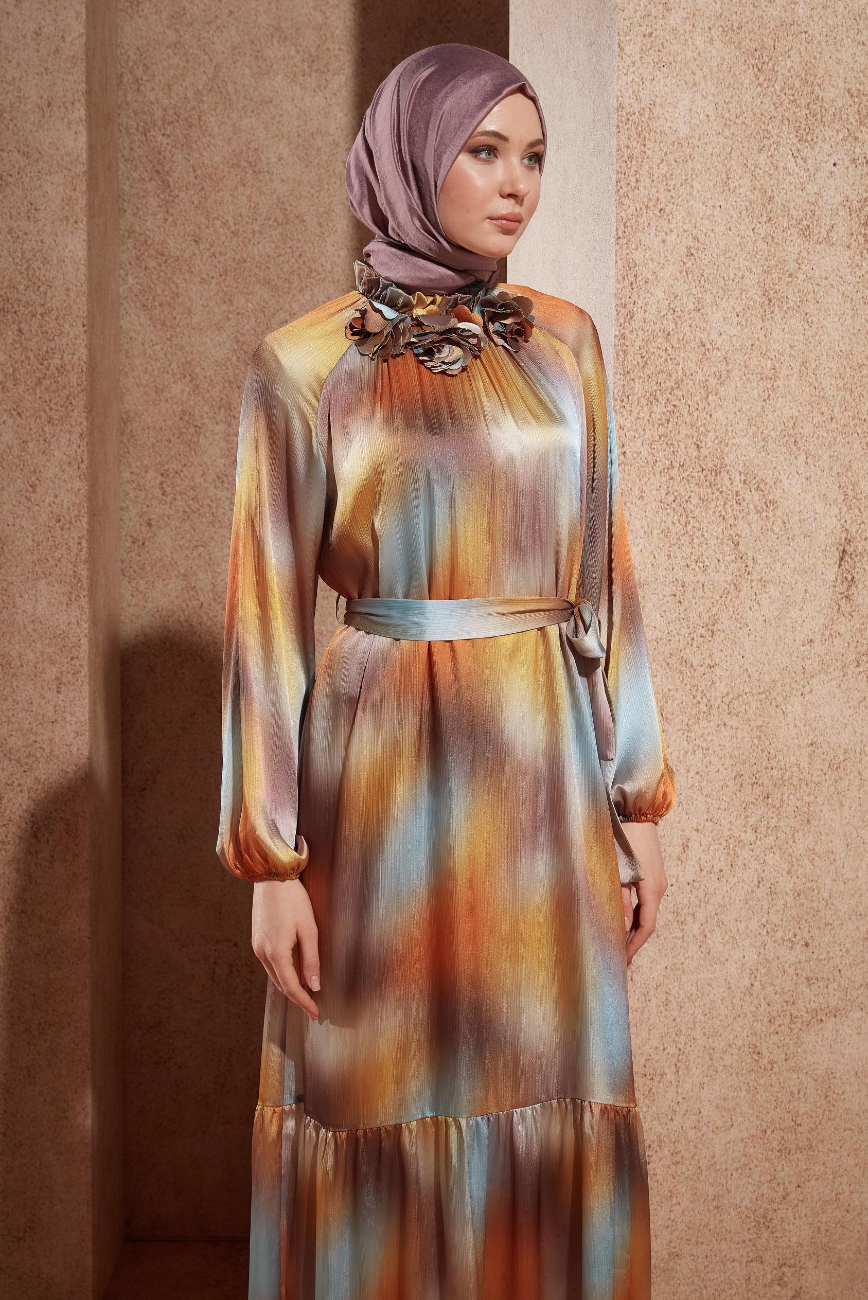 Hijab clothing ORANGE BELTED SATIN DRESS 44563