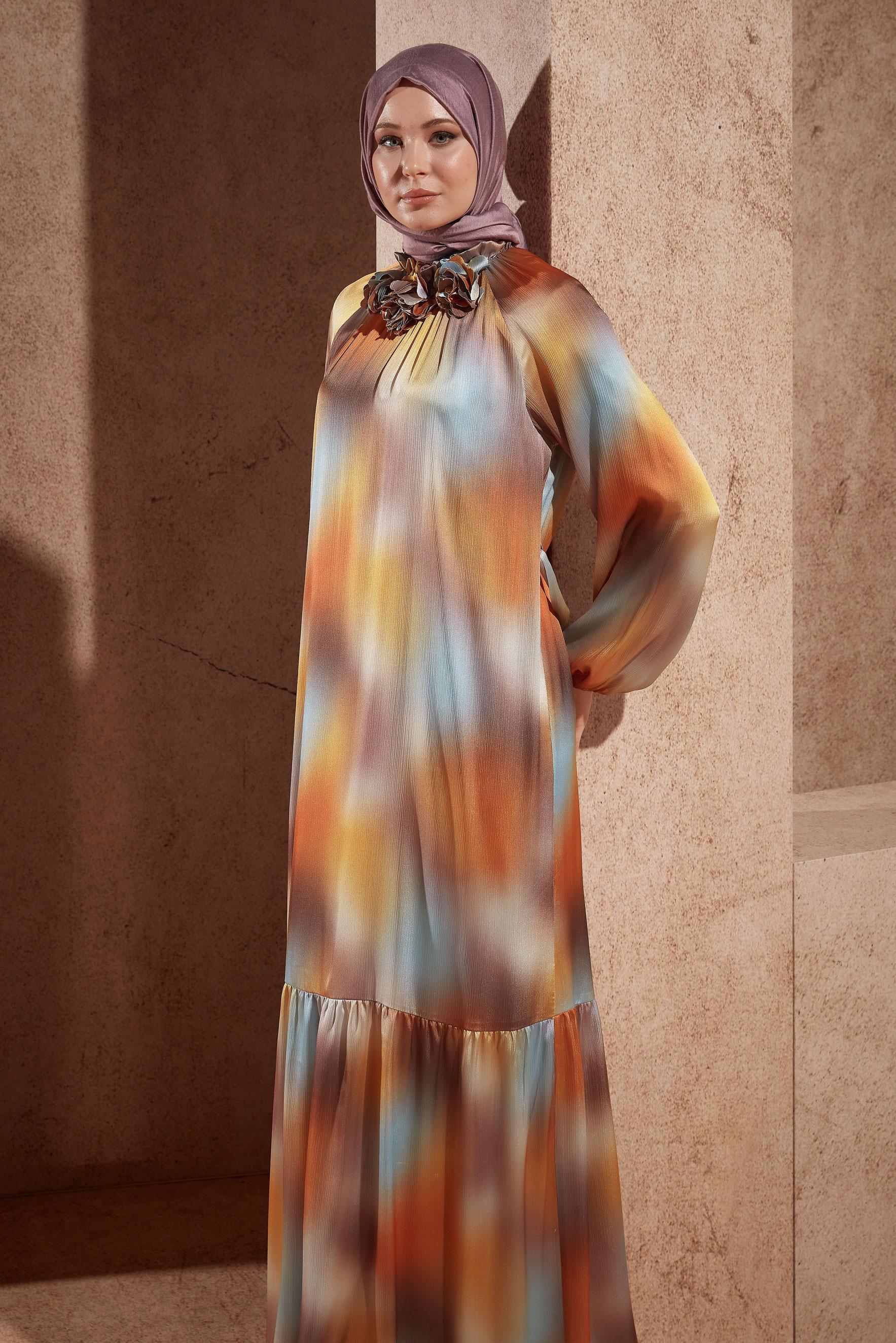 Hijab clothing ORANGE BELTED SATIN DRESS 44563