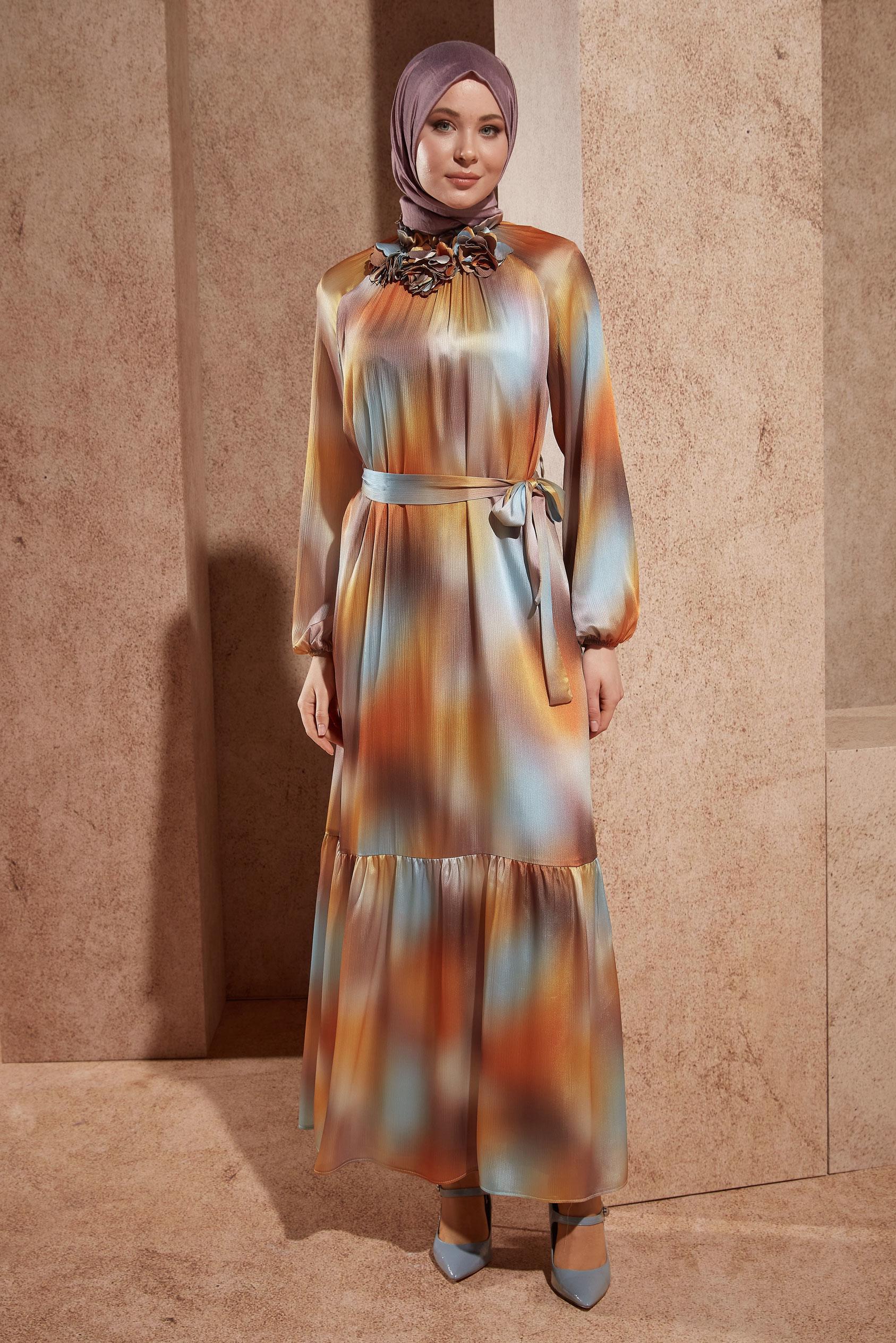 Hijab clothing ORANGE BELTED SATIN DRESS 44563