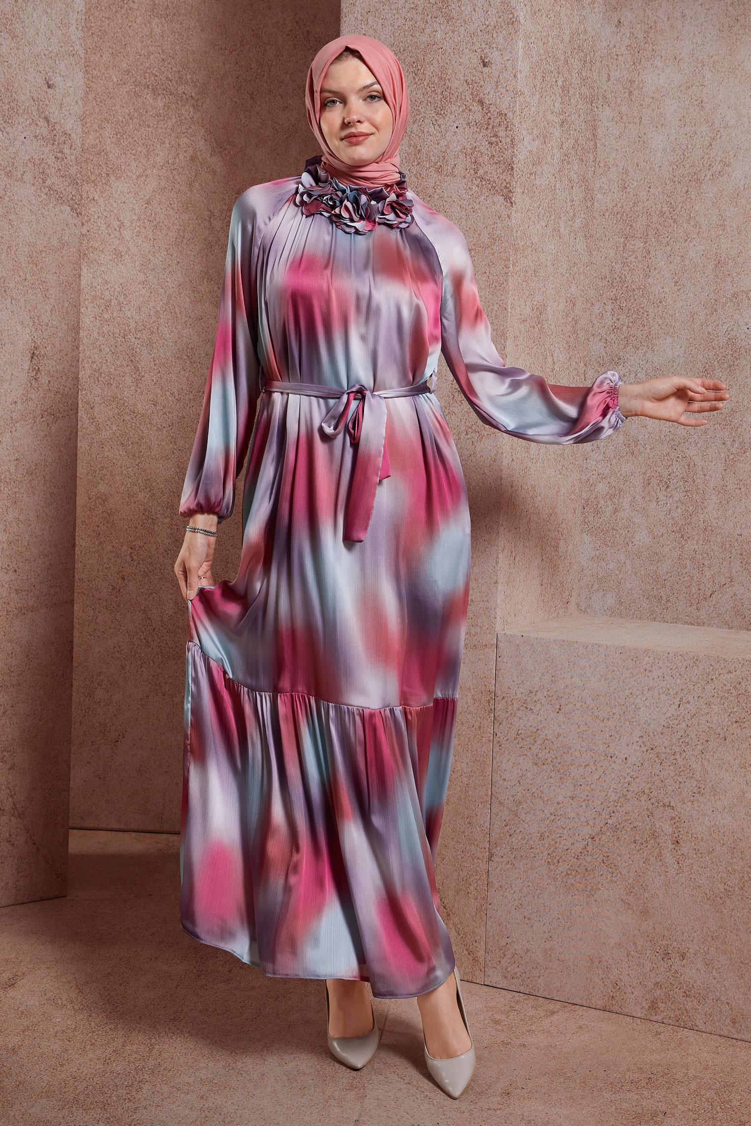 Hijab clothing FUCHSIA BELTED SATIN DRESS 44563