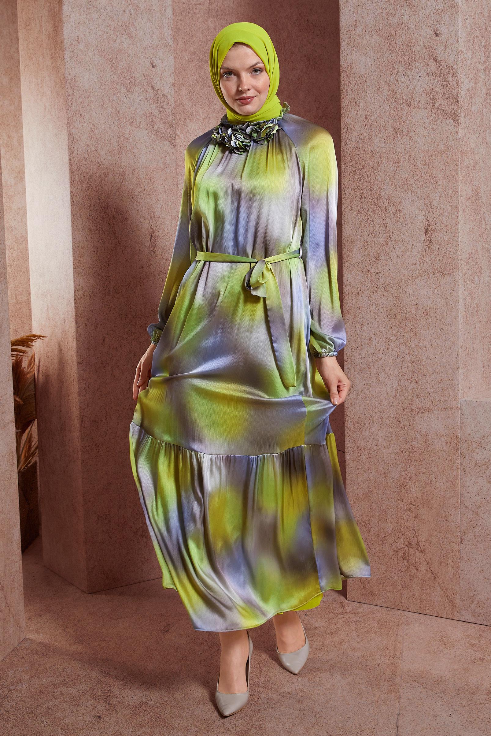 Hijab clothing GREEN BELTED SATIN DRESS 44563