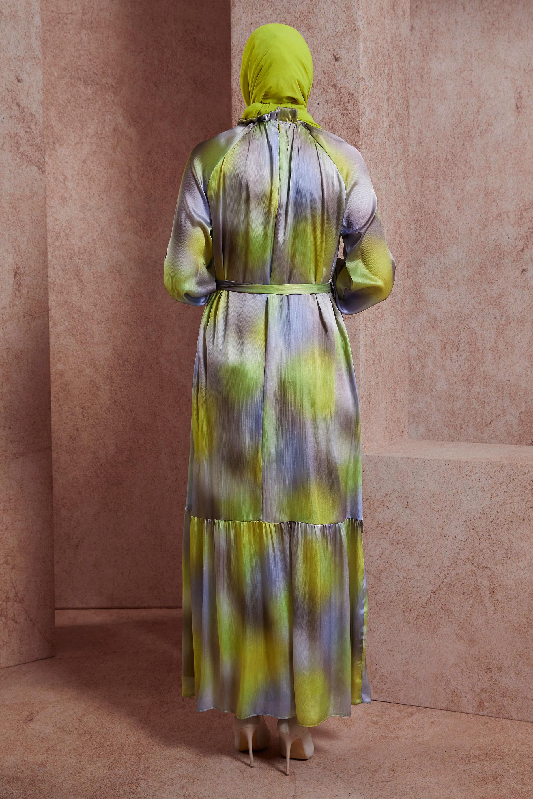 Hijab clothing GREEN BELTED SATIN DRESS 44563