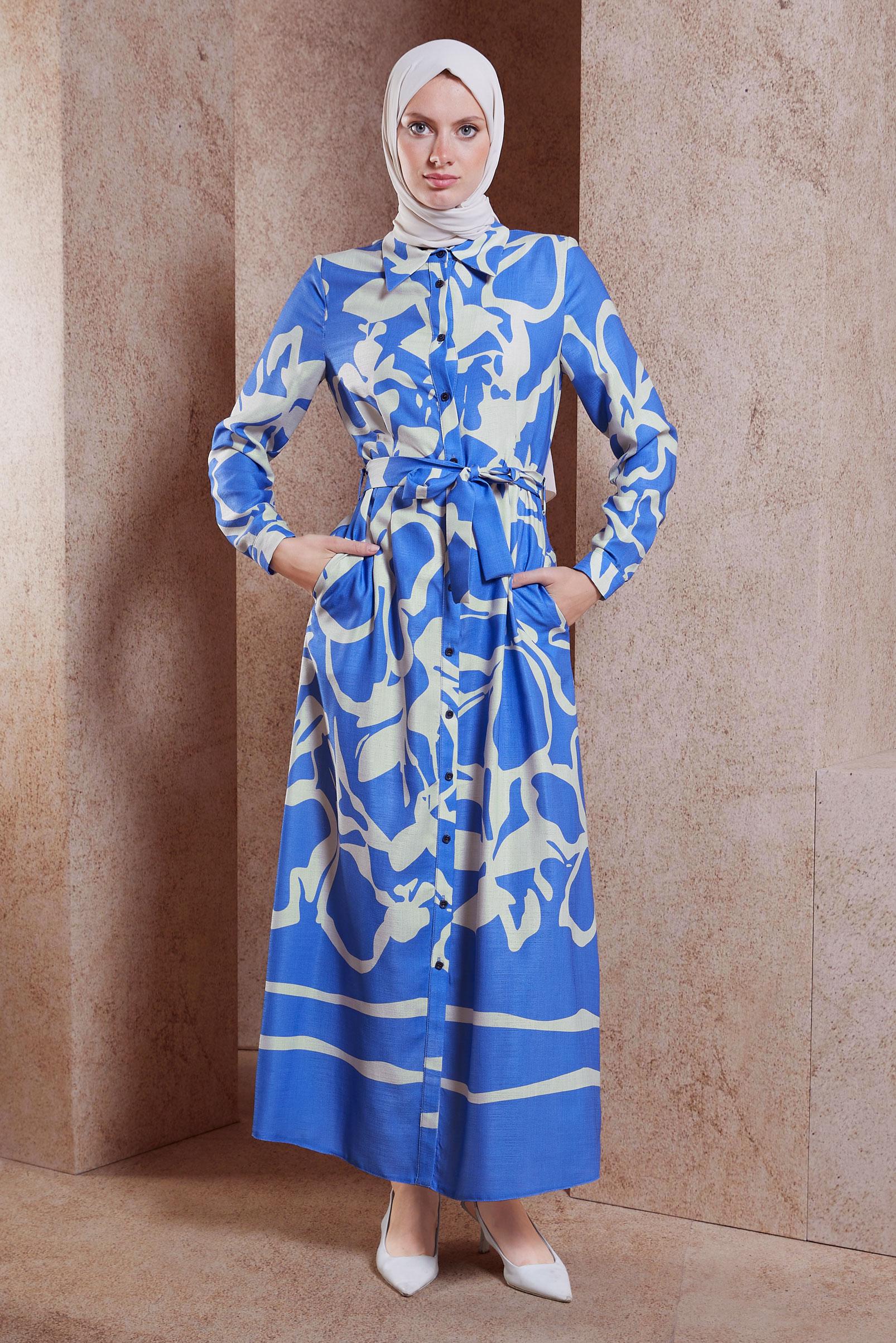 Tesettür giyim MAVİ KUŞAKLI KETEN DOKULU ELBİSE 44565