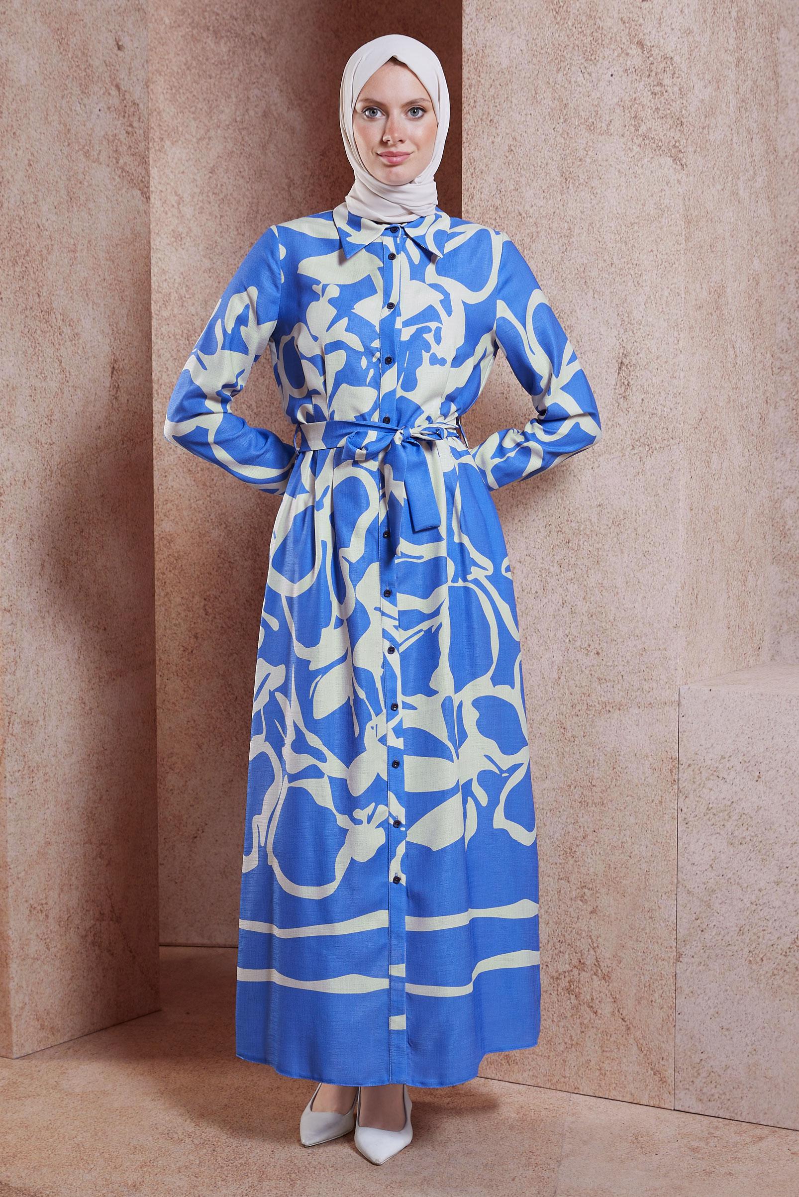 Tesettür giyim MAVİ KUŞAKLI KETEN DOKULU ELBİSE 44565