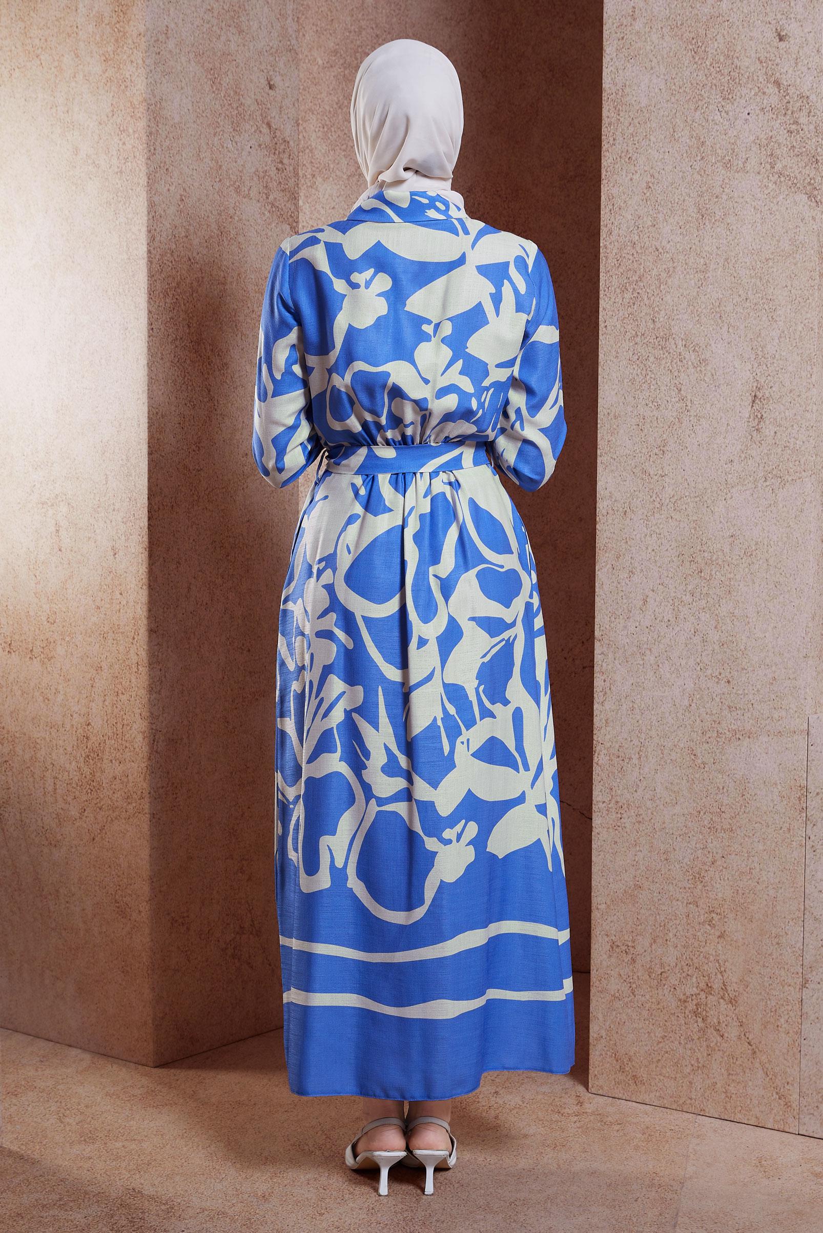 Tesettür giyim MAVİ KUŞAKLI KETEN DOKULU ELBİSE 44565