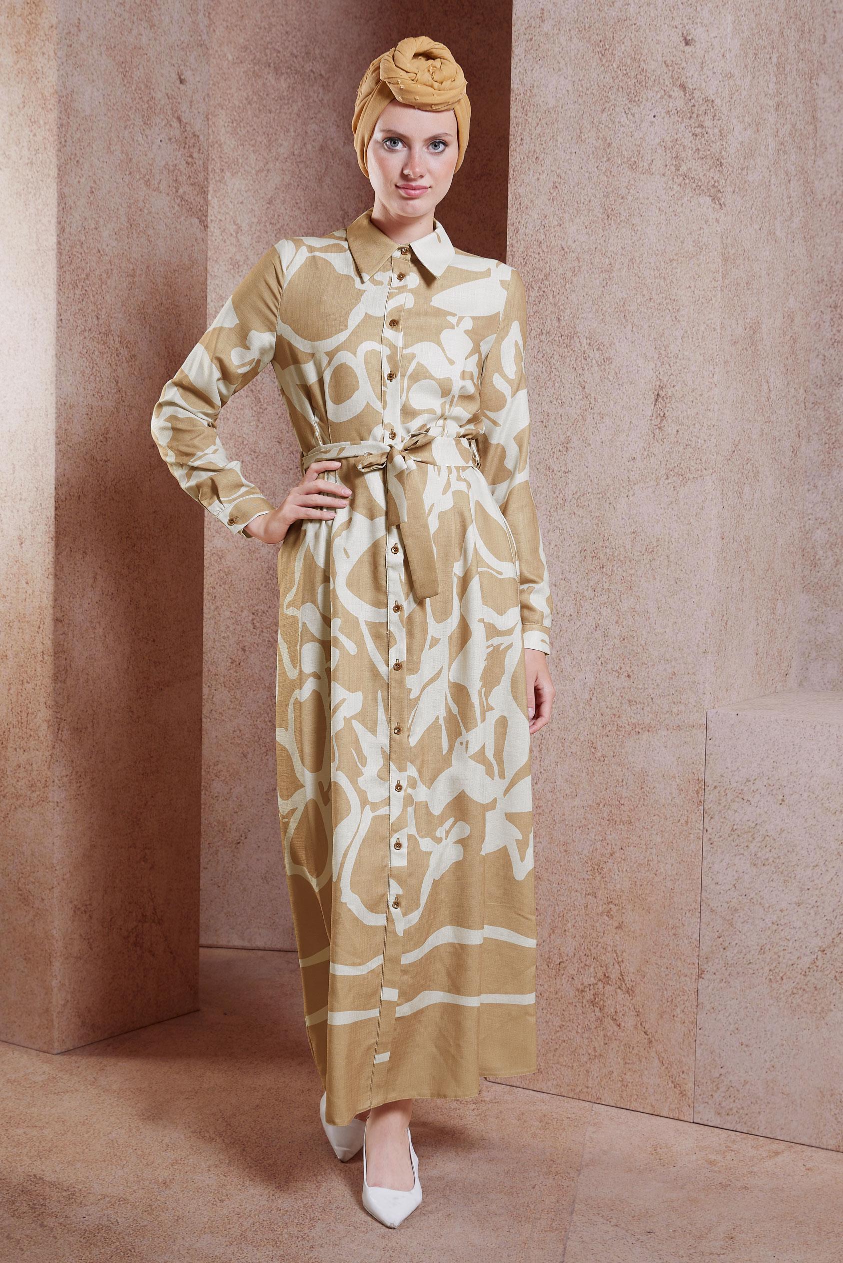 Tesettür giyim KAHVE KUŞAKLI KETEN DOKULU ELBİSE 44565