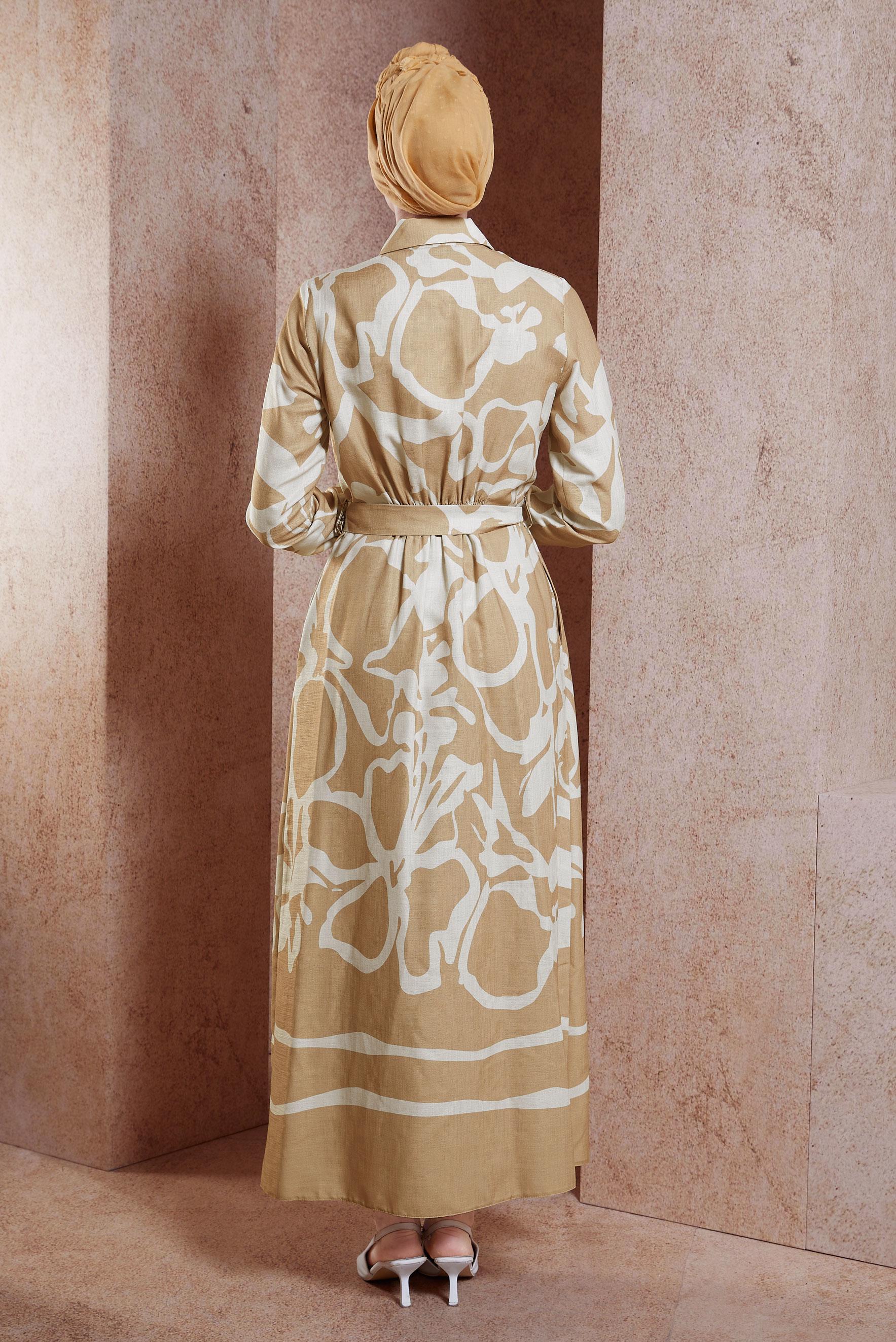 Tesettür giyim KAHVE KUŞAKLI KETEN DOKULU ELBİSE 44565