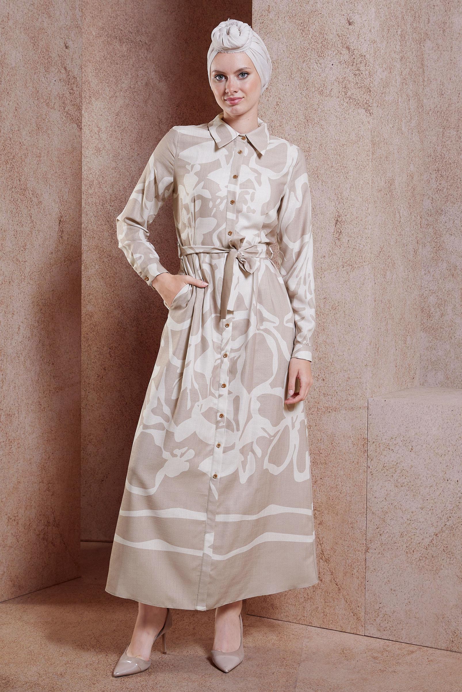 Tesettür giyim VİZON KUŞAKLI KETEN DOKULU ELBİSE 44565