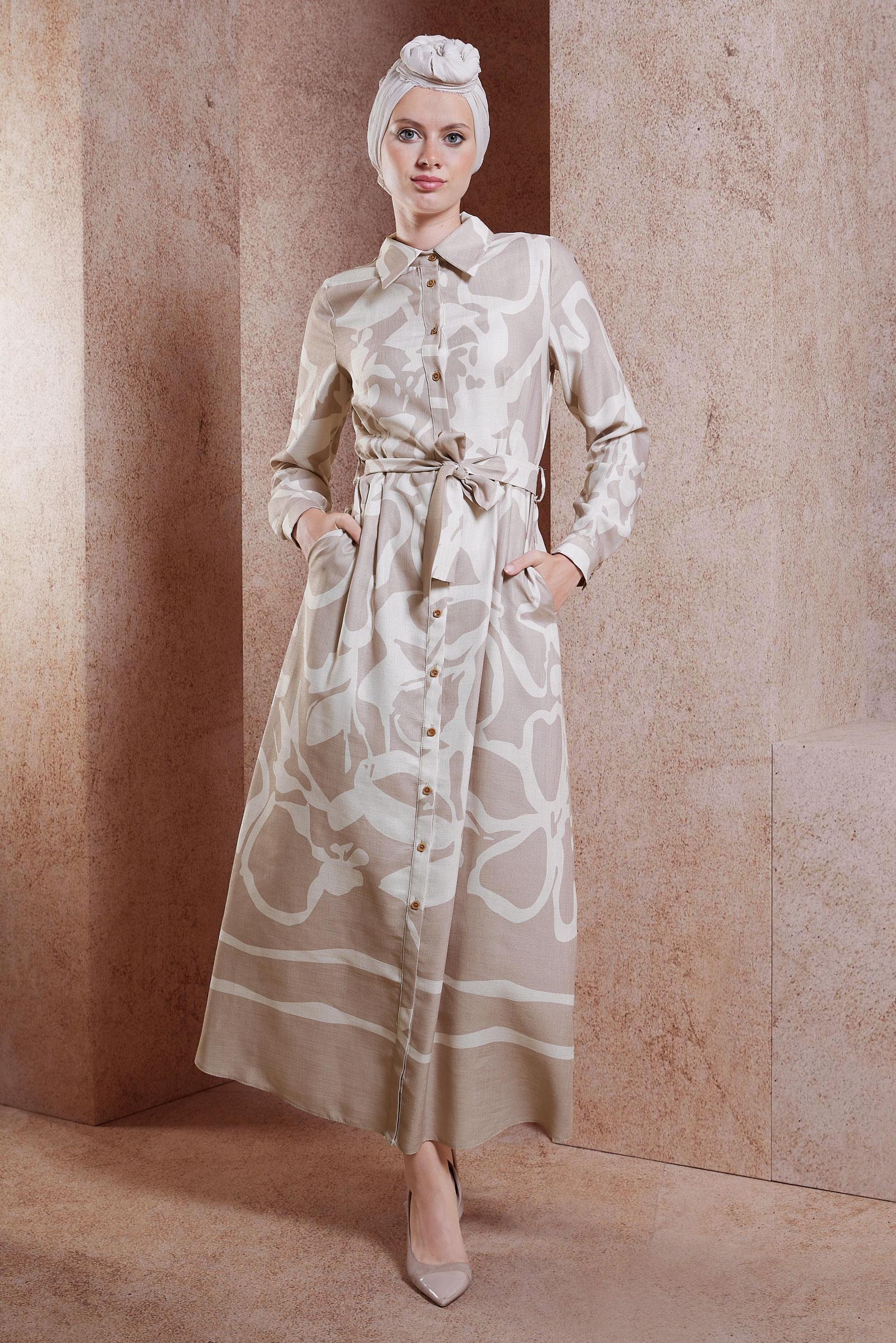 Tesettür giyim VİZON KUŞAKLI KETEN DOKULU ELBİSE 44565