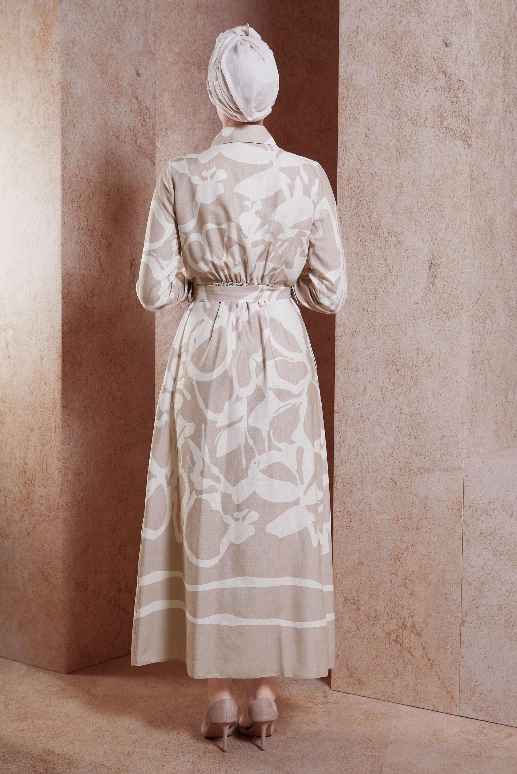 Tesettür giyim VİZON KUŞAKLI KETEN DOKULU ELBİSE 44565