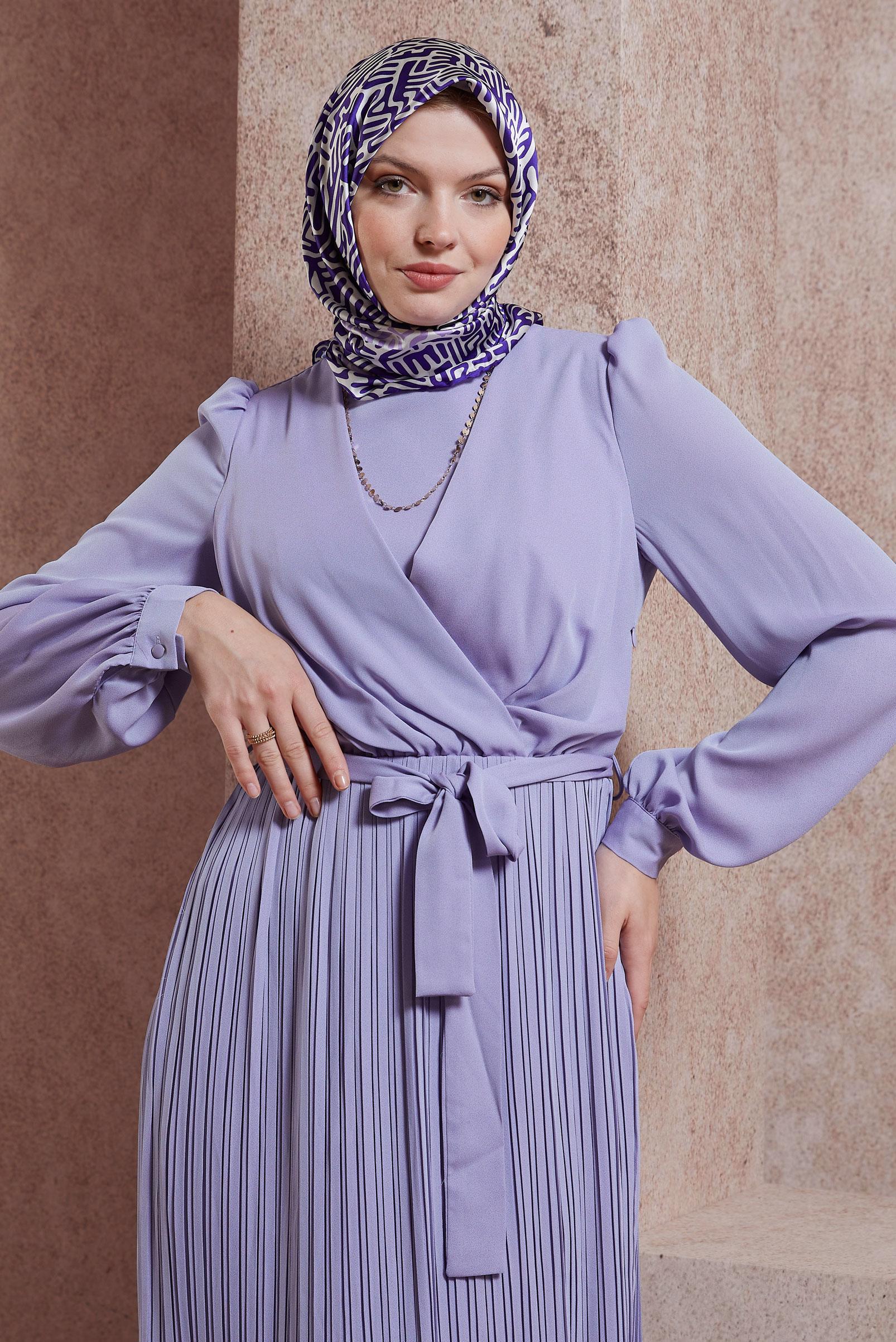 Tesettür giyim MOR KUŞAKLI ELBİSE 44575