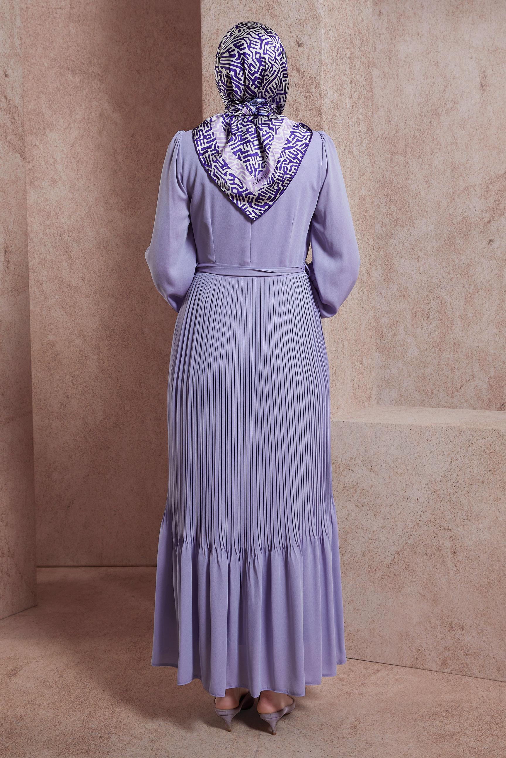 Tesettür giyim MOR KUŞAKLI ELBİSE 44575