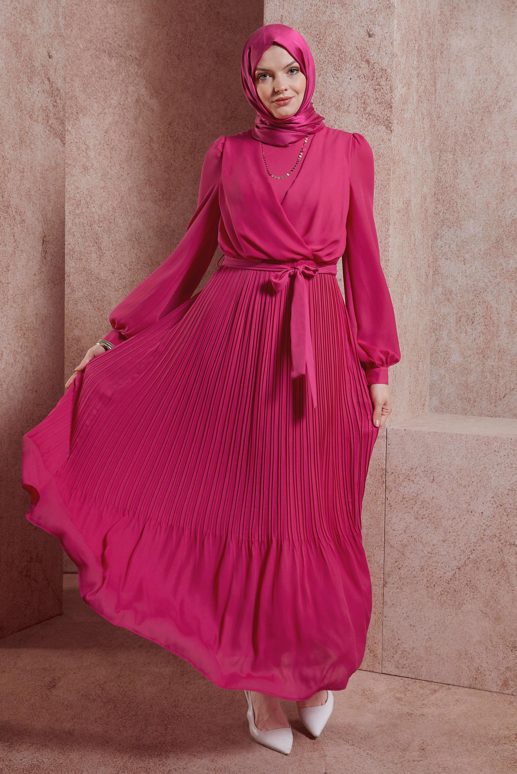 Tesettür giyim FUŞYA KUŞAKLI ELBİSE 44575