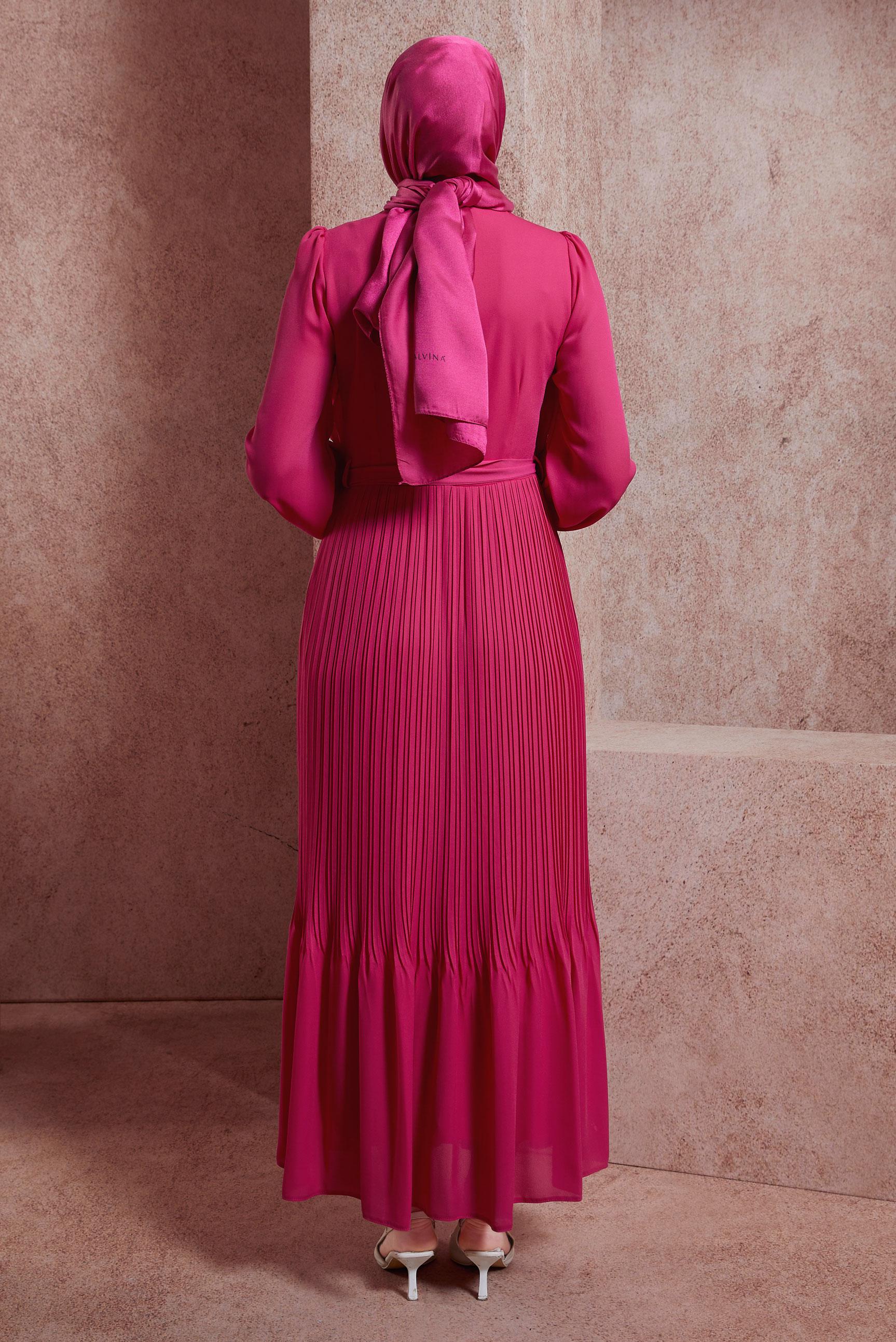 Tesettür giyim FUŞYA KUŞAKLI ELBİSE 44575