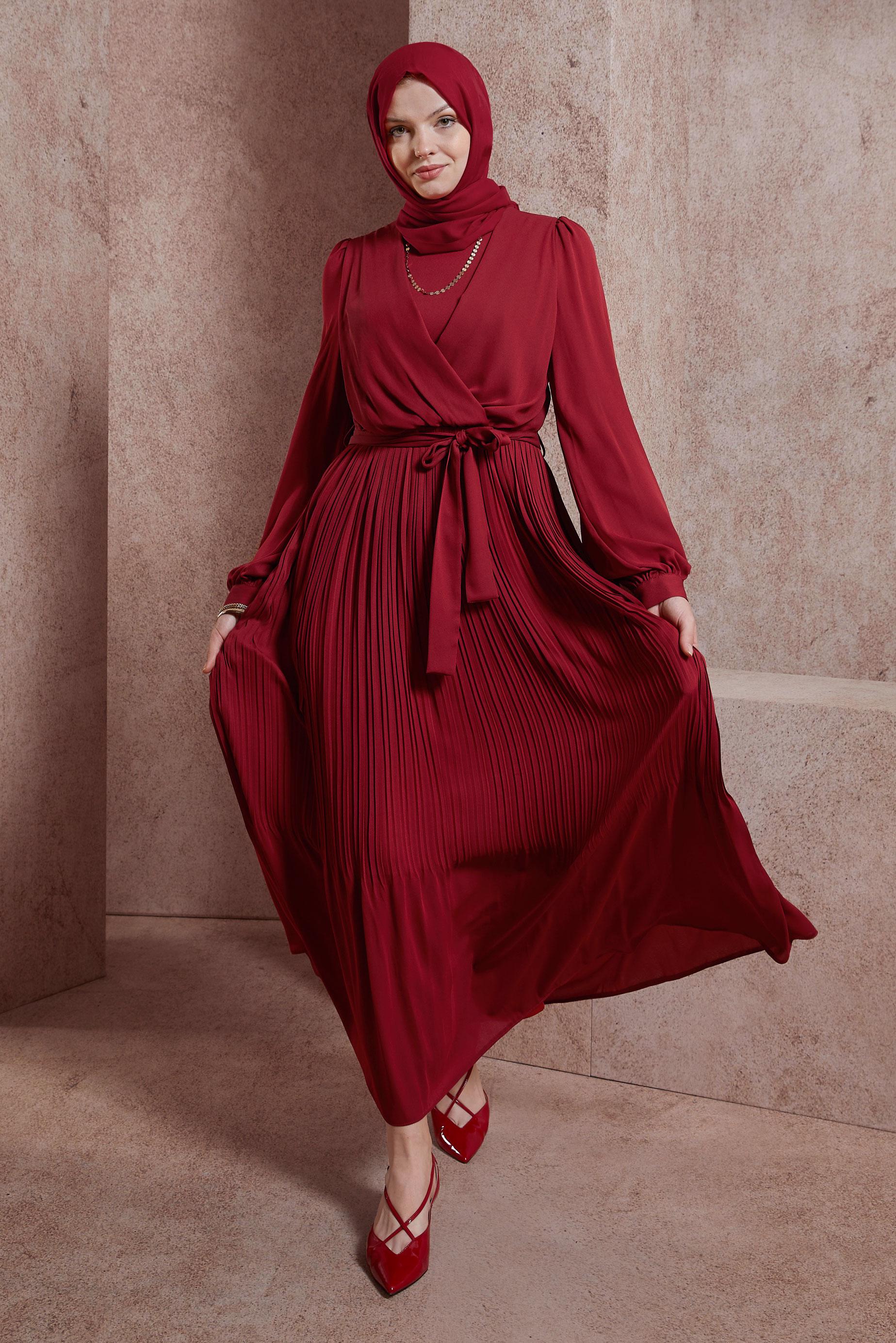 Tesettür giyim BORDO KUŞAKLI ELBİSE 44575