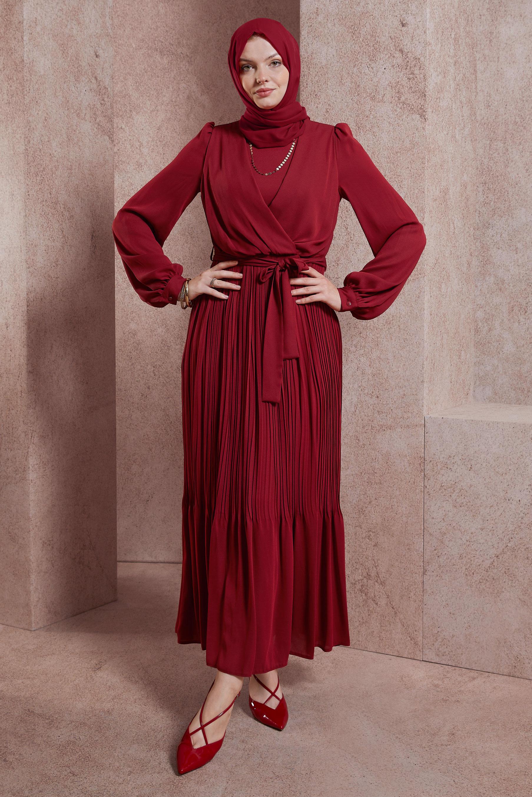 Tesettür giyim BORDO KUŞAKLI ELBİSE 44575