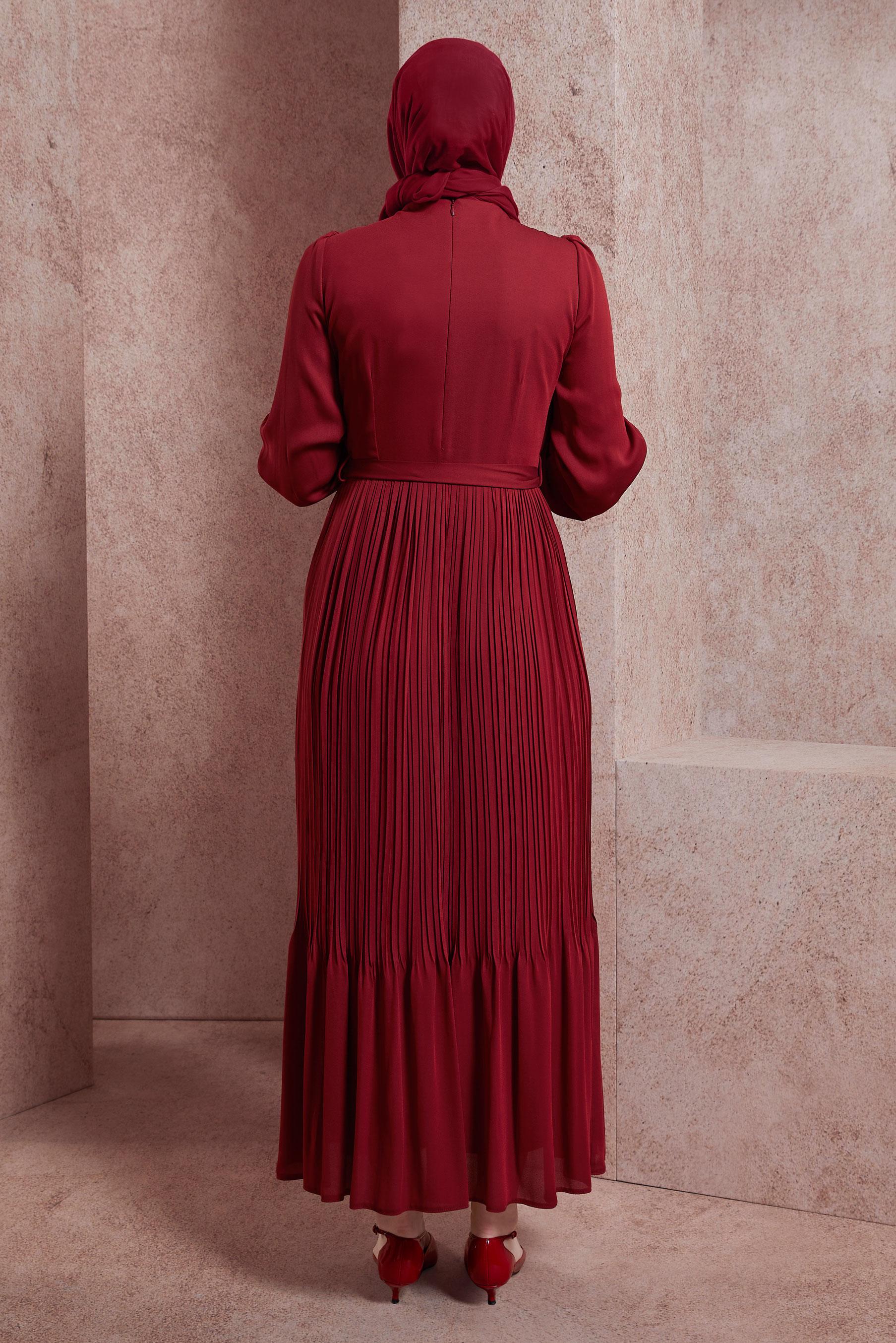 Tesettür giyim BORDO KUŞAKLI ELBİSE 44575