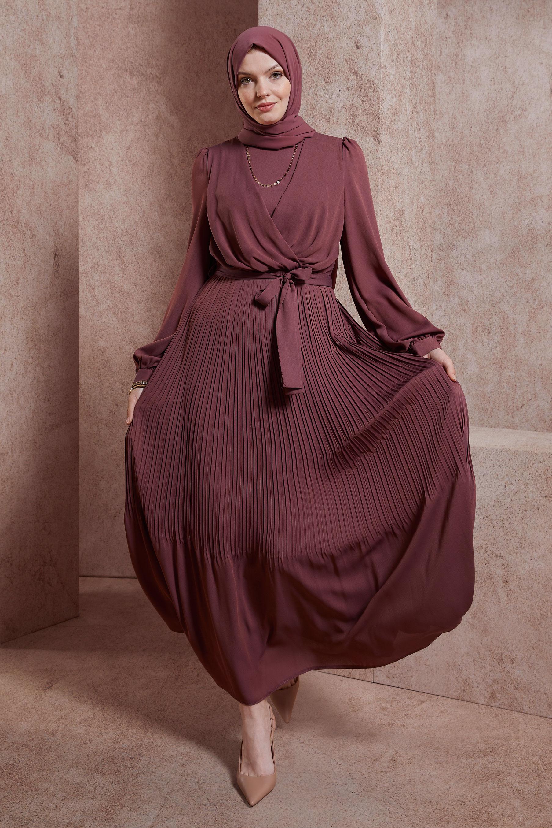 Tesettür giyim PEMBE KUŞAKLI ELBİSE 44575
