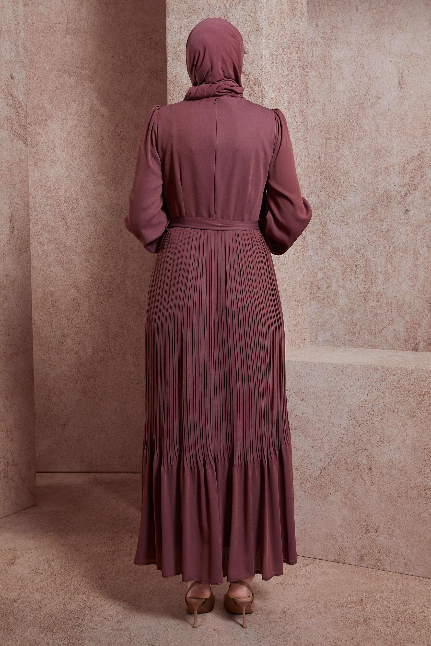 Tesettür giyim PEMBE KUŞAKLI ELBİSE 44575