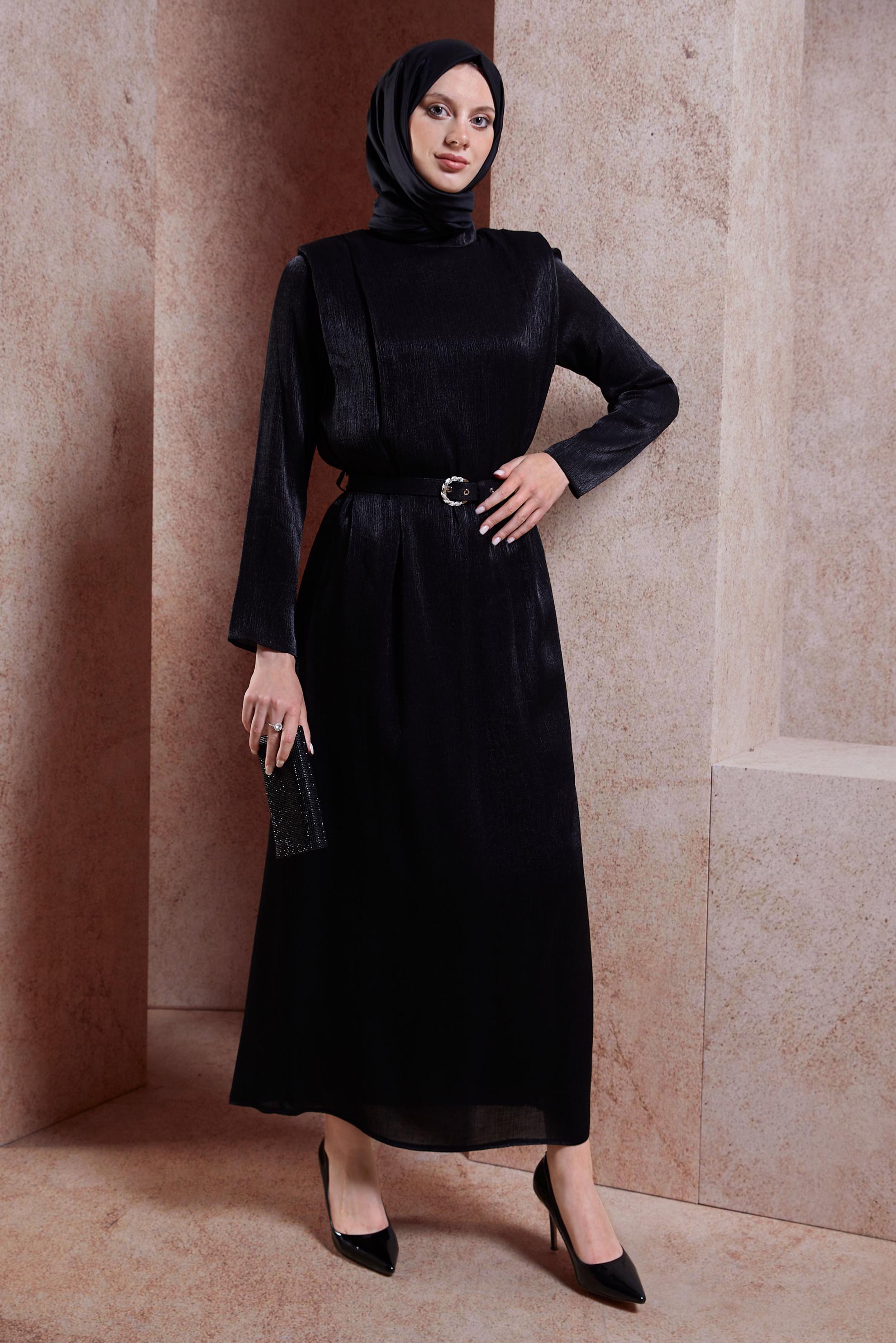 Tesettür giyim SİYAH KEMERLİ TESETTÜR ELBİSE 44576