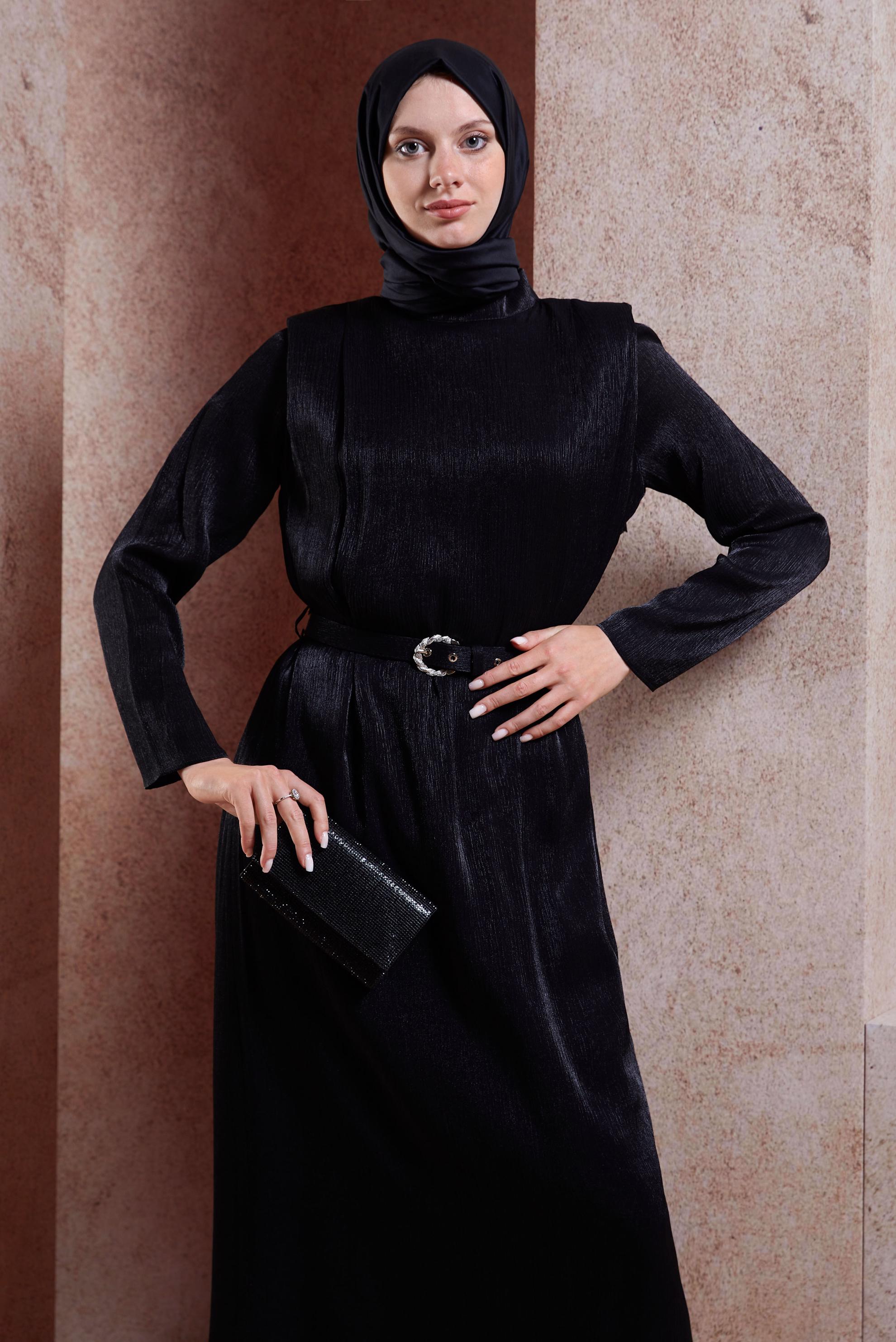 Tesettür giyim SİYAH KEMERLİ TESETTÜR ELBİSE 44576