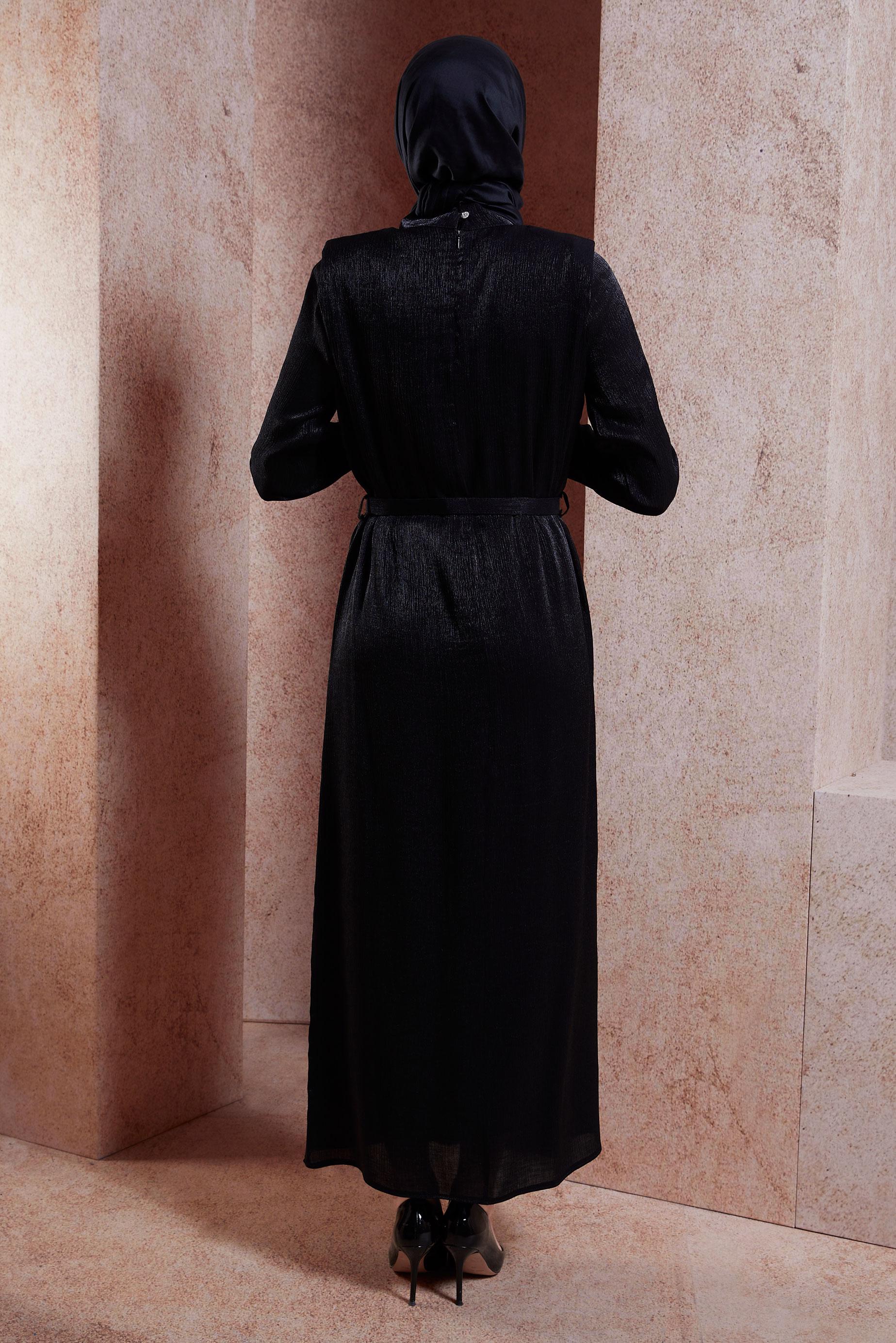 Tesettür giyim SİYAH KEMERLİ TESETTÜR ELBİSE 44576