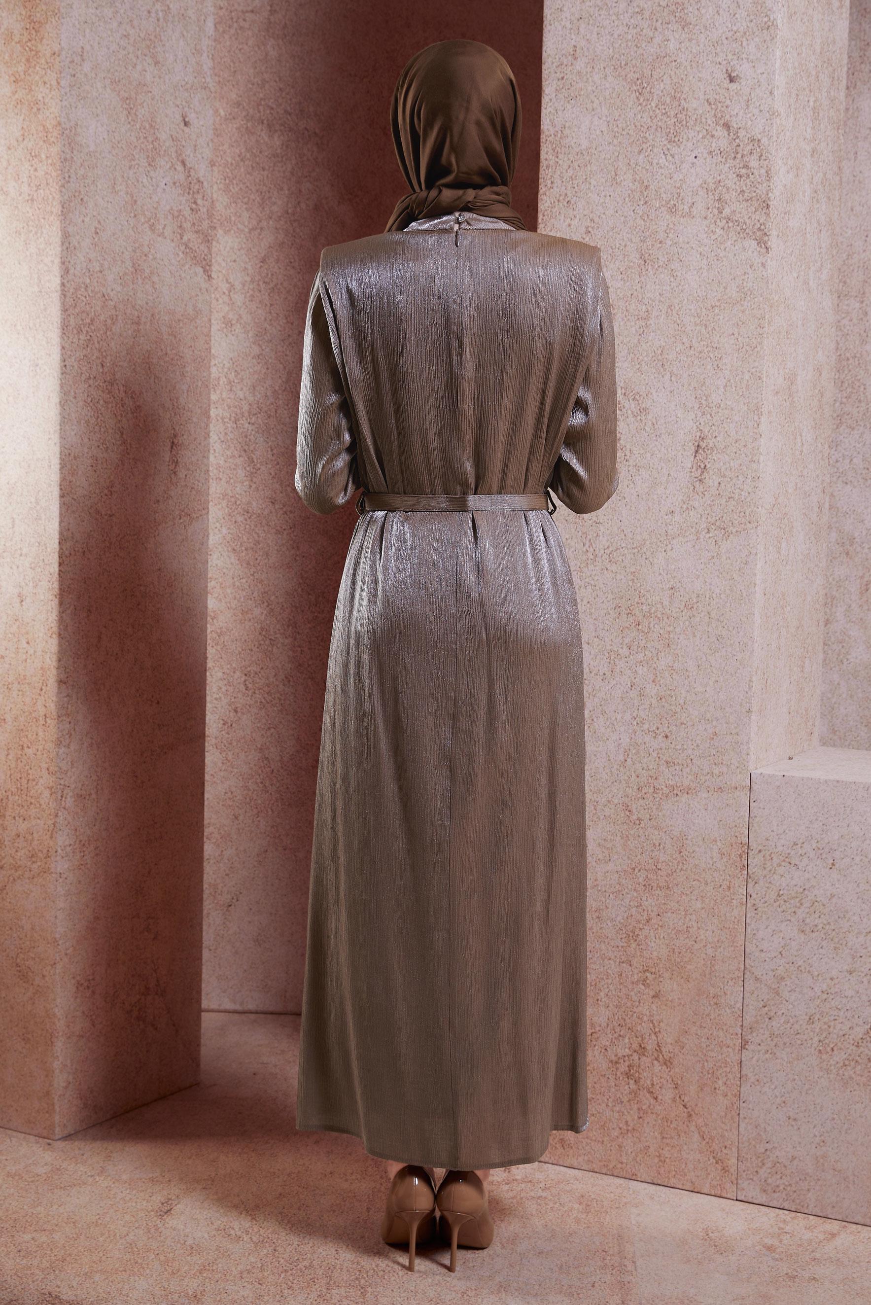 Tesettür giyim KAHVE KEMERLİ TESETTÜR ELBİSE 44576