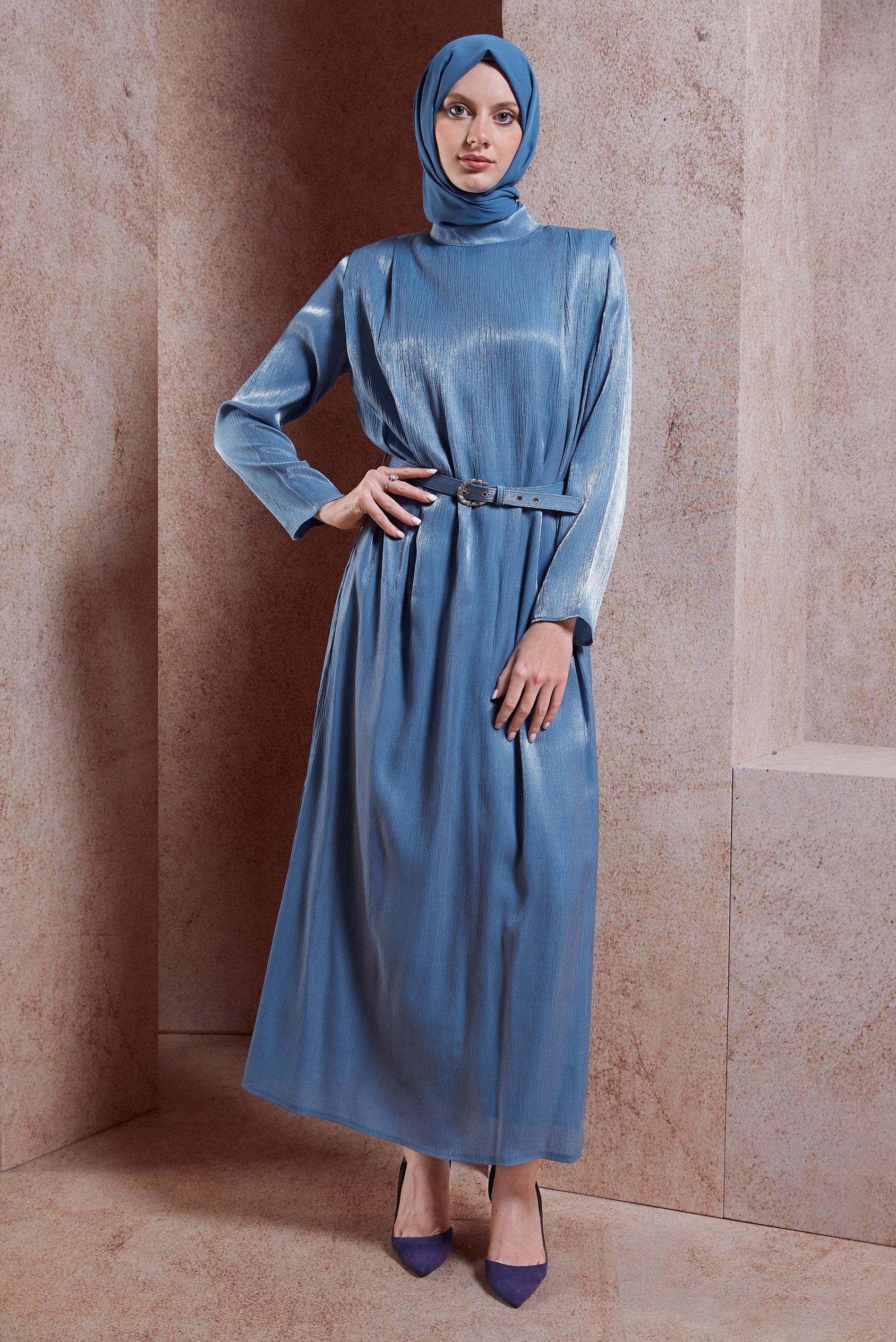 Tesettür giyim LACİVERT KEMERLİ TESETTÜR ELBİSE 44576