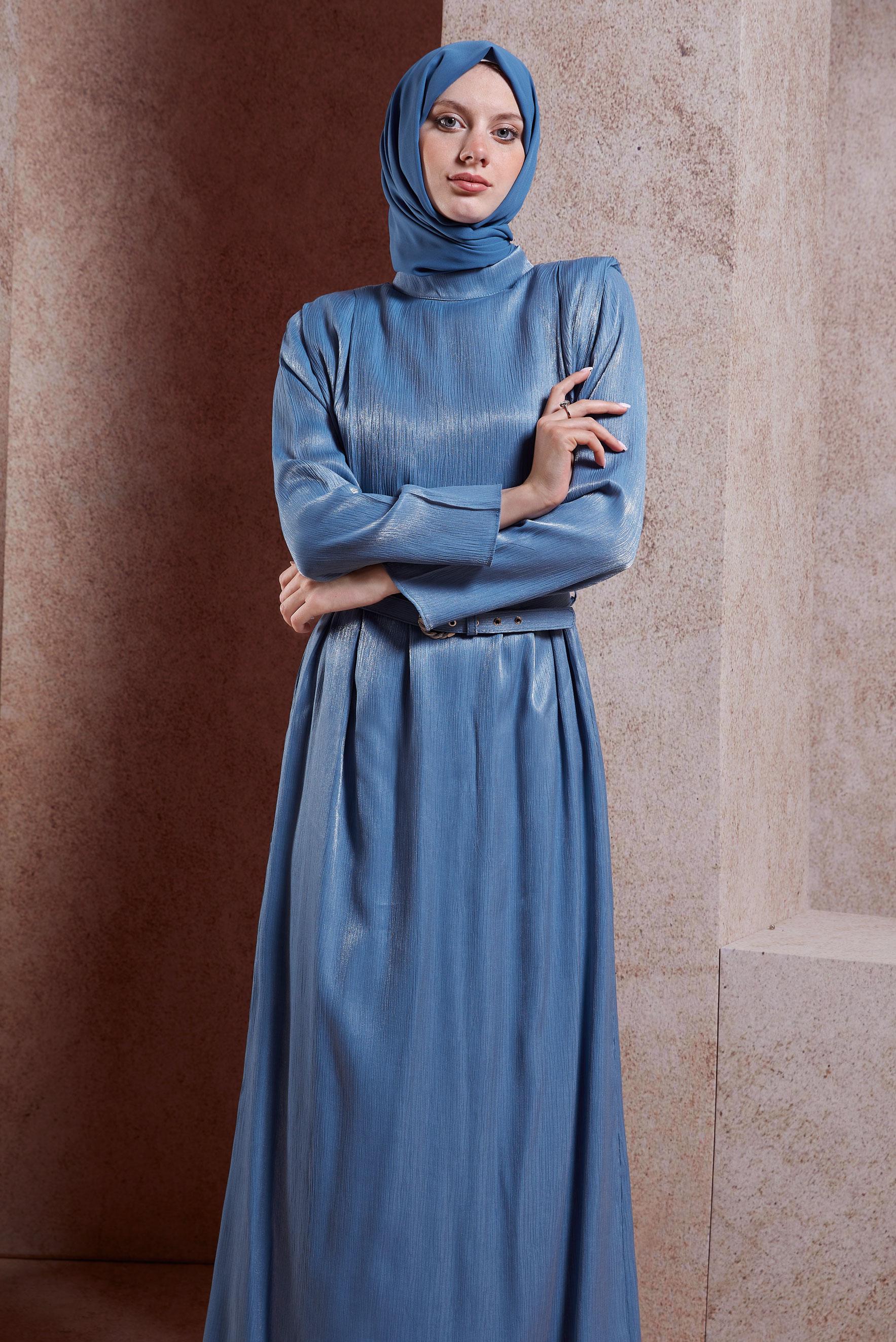 Tesettür giyim LACİVERT KEMERLİ TESETTÜR ELBİSE 44576