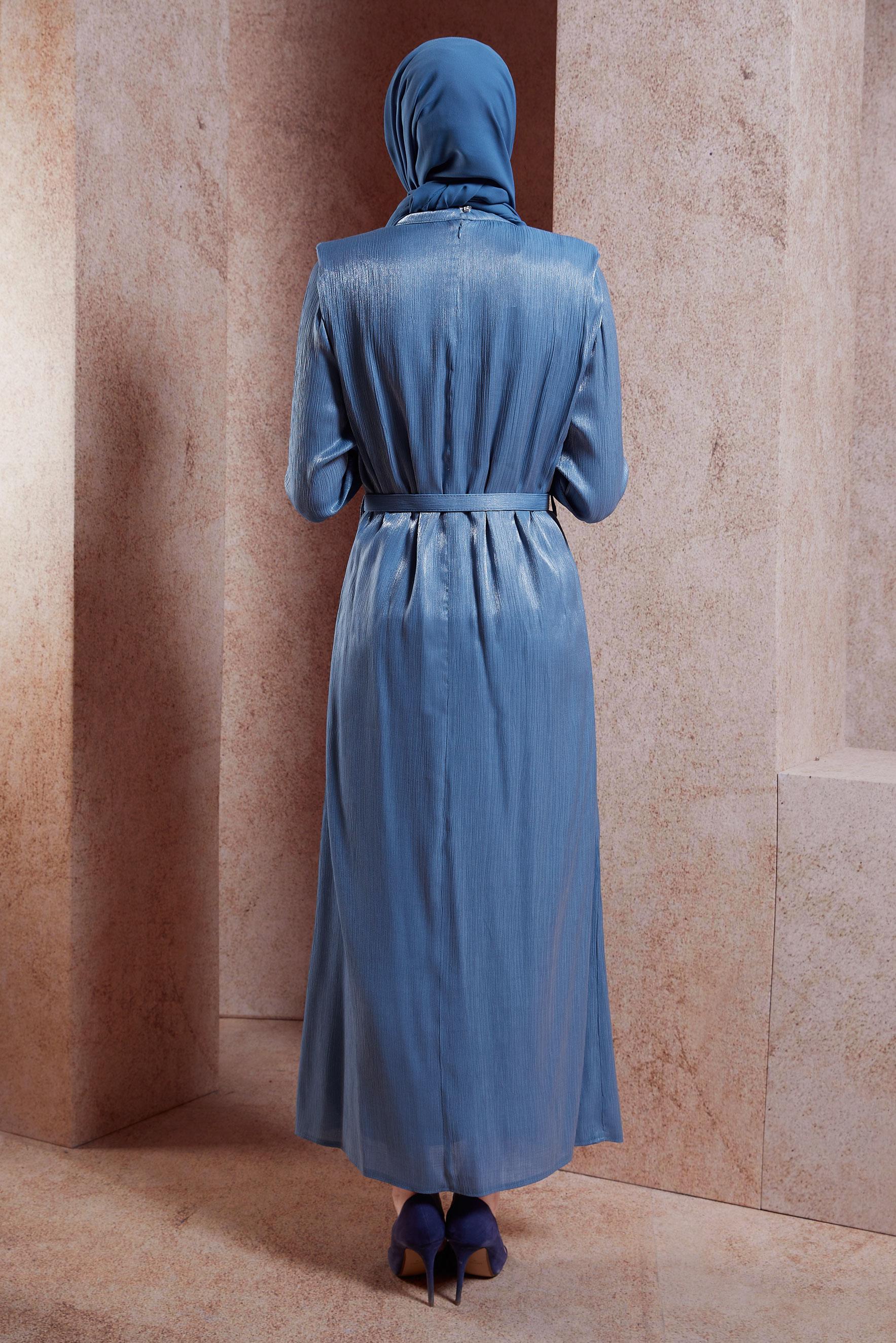 Tesettür giyim LACİVERT KEMERLİ TESETTÜR ELBİSE 44576