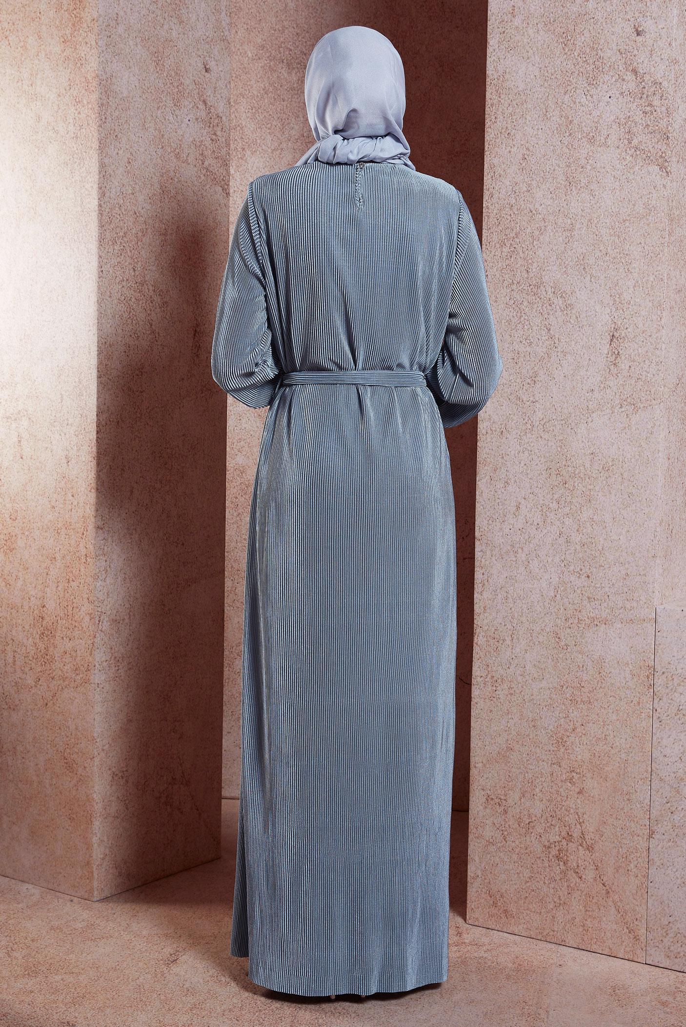 Tesettür giyim GRİ KUŞAKLI TESETTÜR ELBİSE 44577