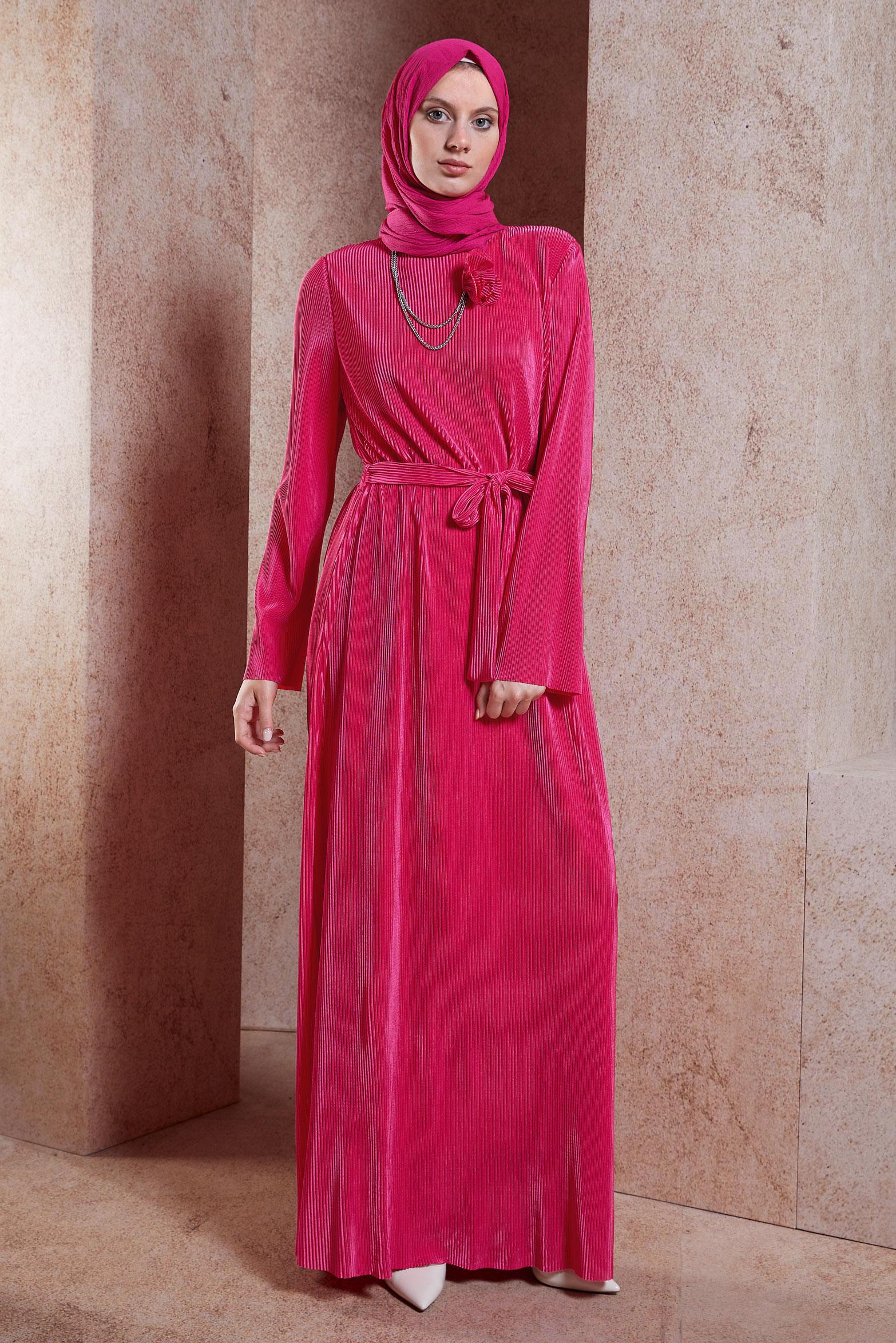 Tesettür giyim FUŞYA KUŞAKLI TESETTÜR ELBİSE 44577