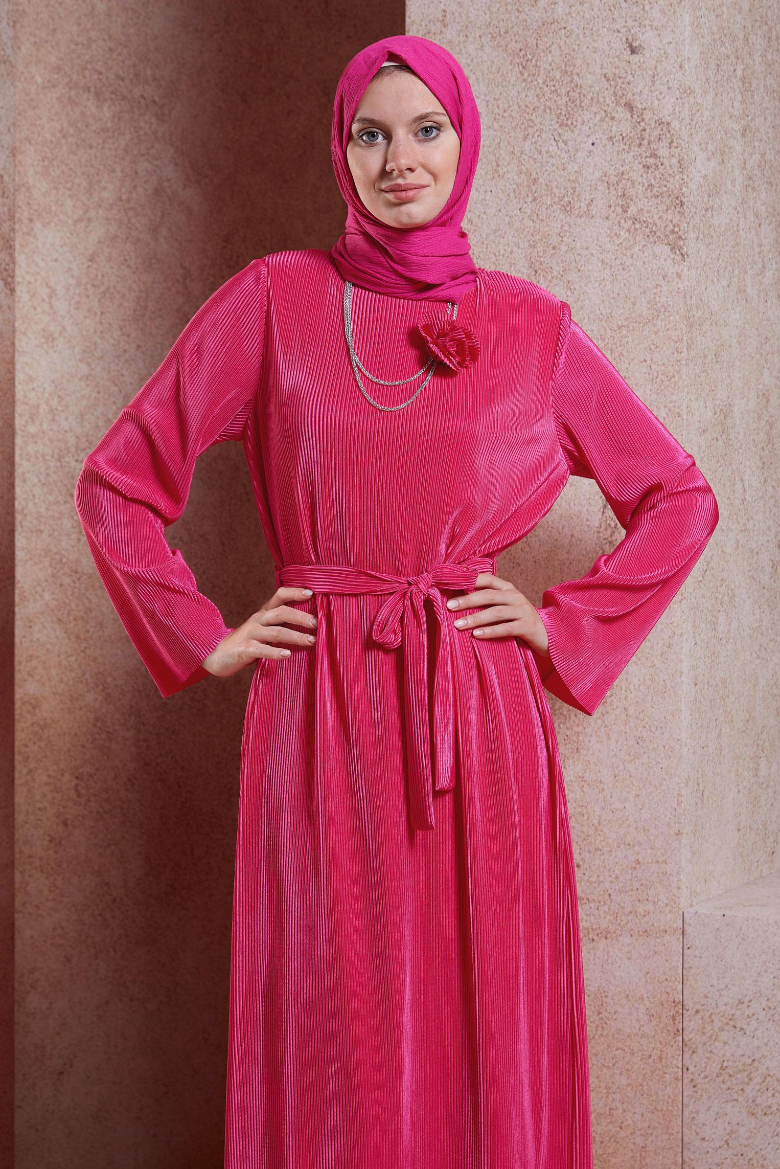 Tesettür giyim FUŞYA KUŞAKLI TESETTÜR ELBİSE 44577