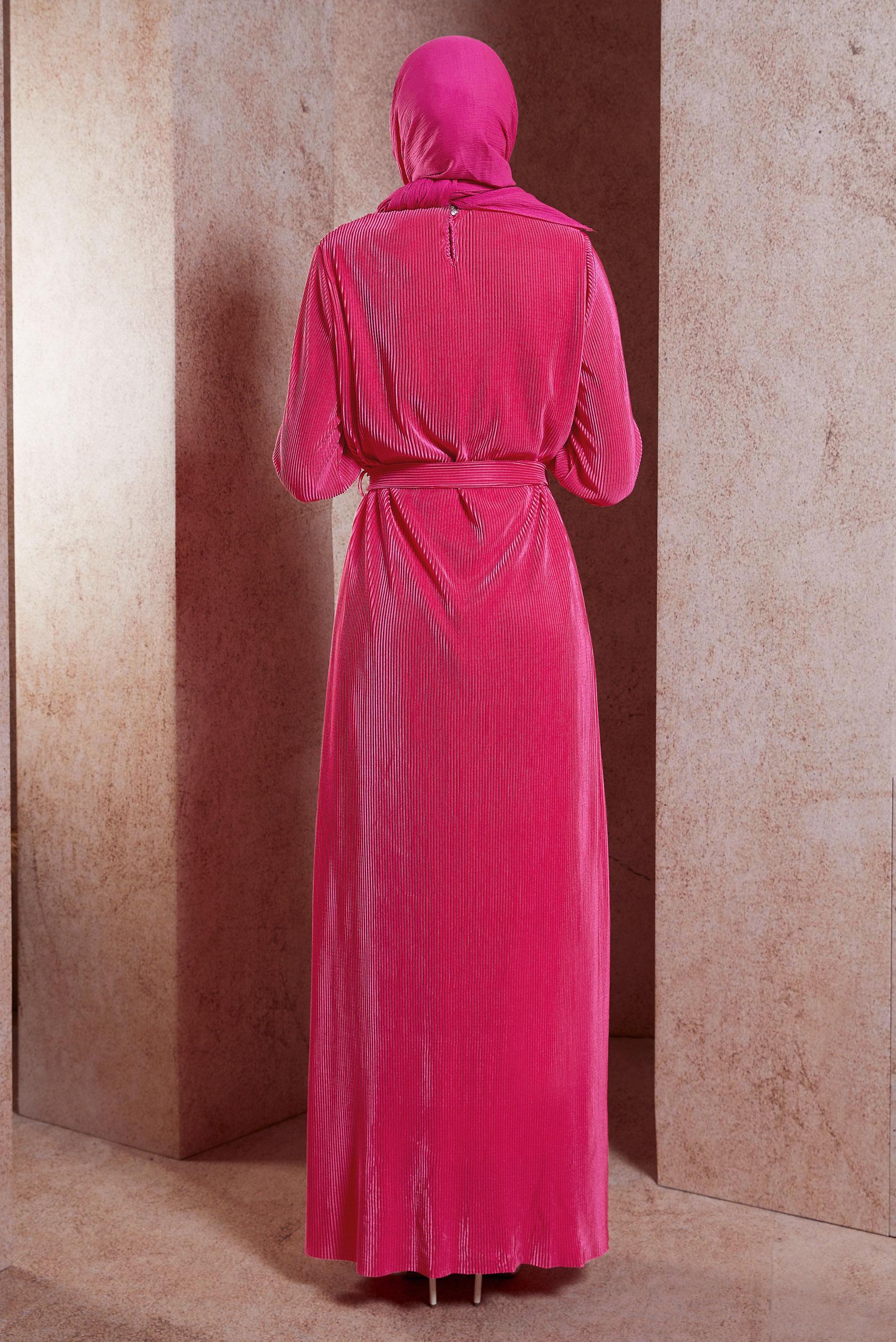 Tesettür giyim FUŞYA KUŞAKLI TESETTÜR ELBİSE 44577