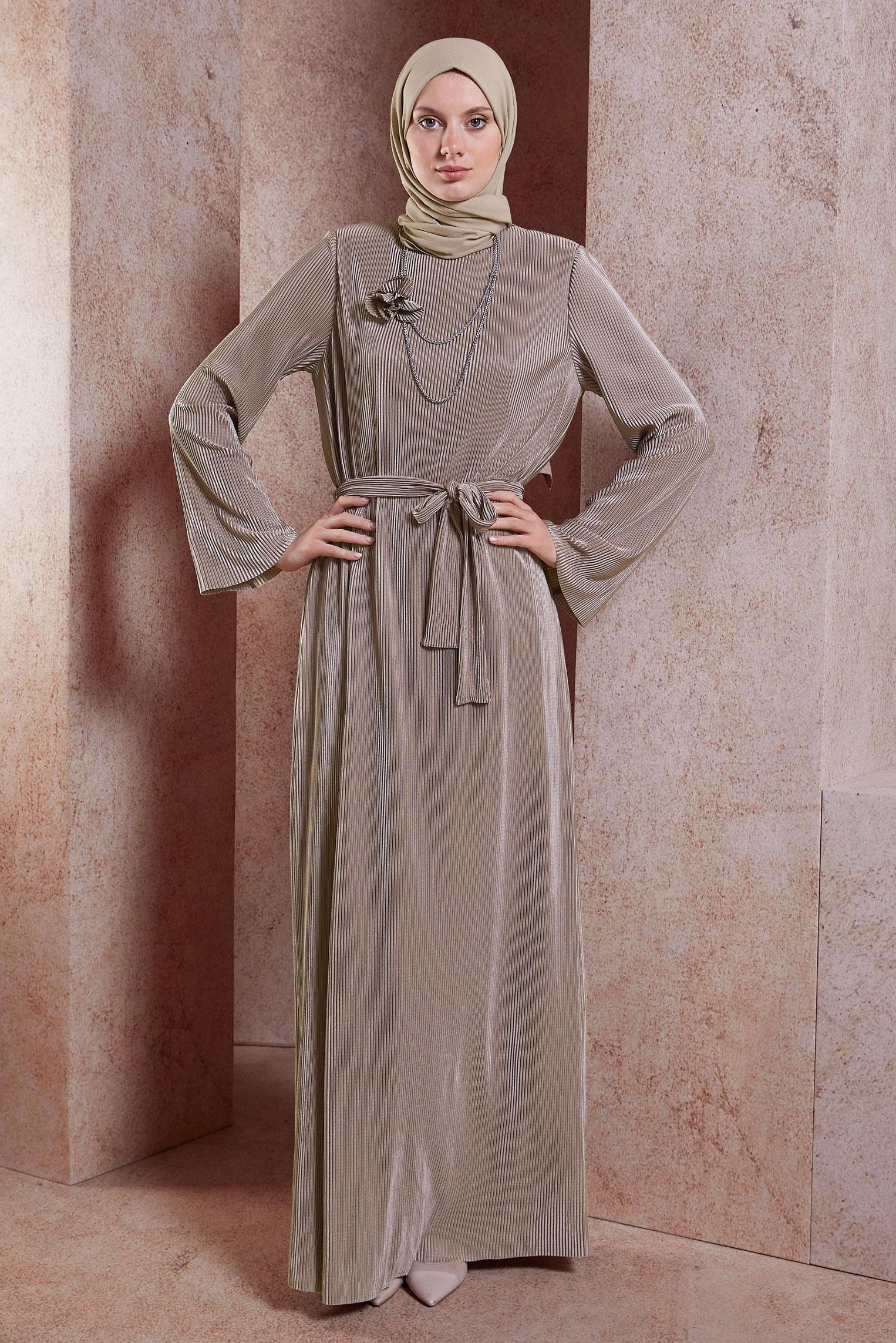 Tesettür giyim VİZON KUŞAKLI TESETTÜR ELBİSE 44577