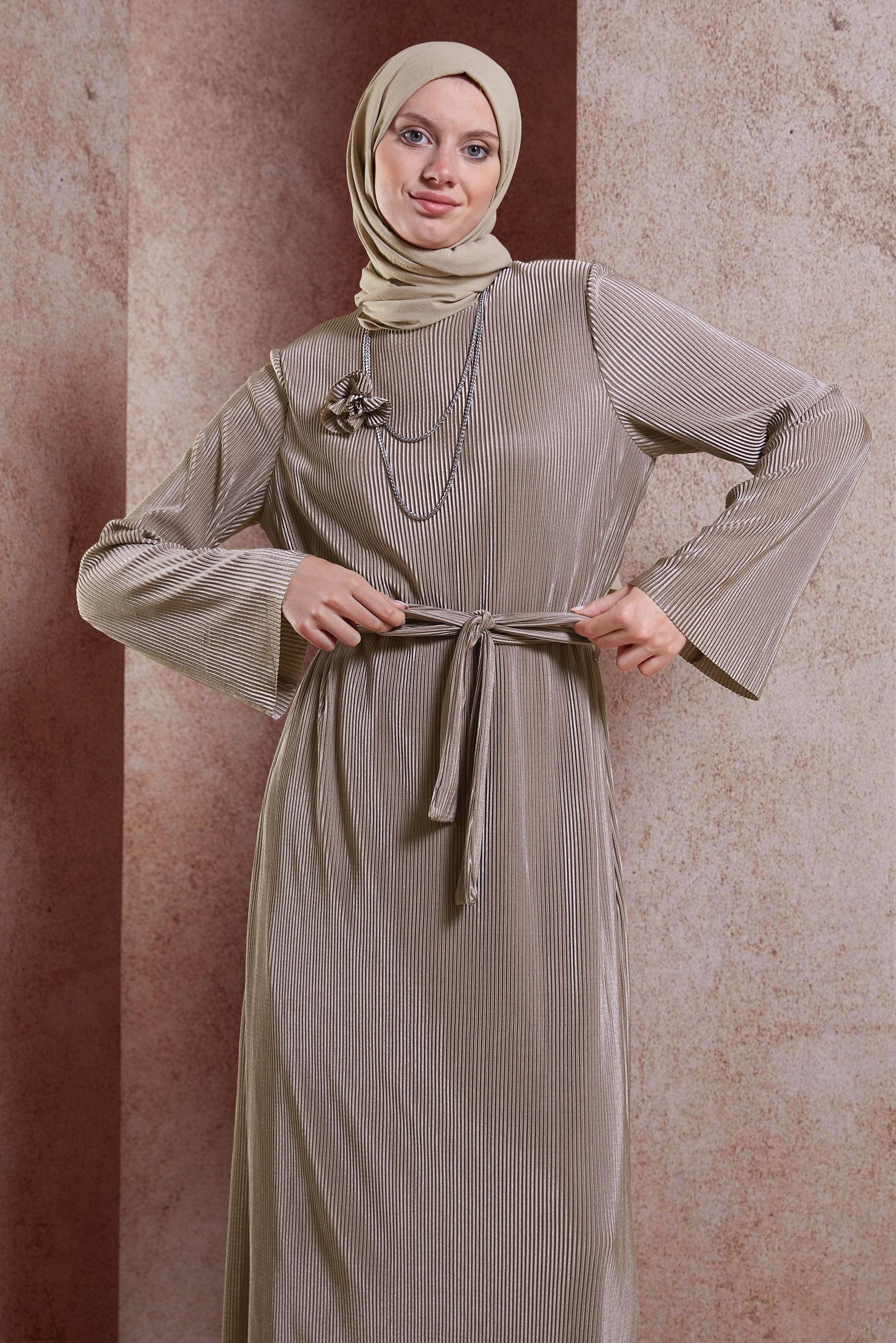 Tesettür giyim VİZON KUŞAKLI TESETTÜR ELBİSE 44577