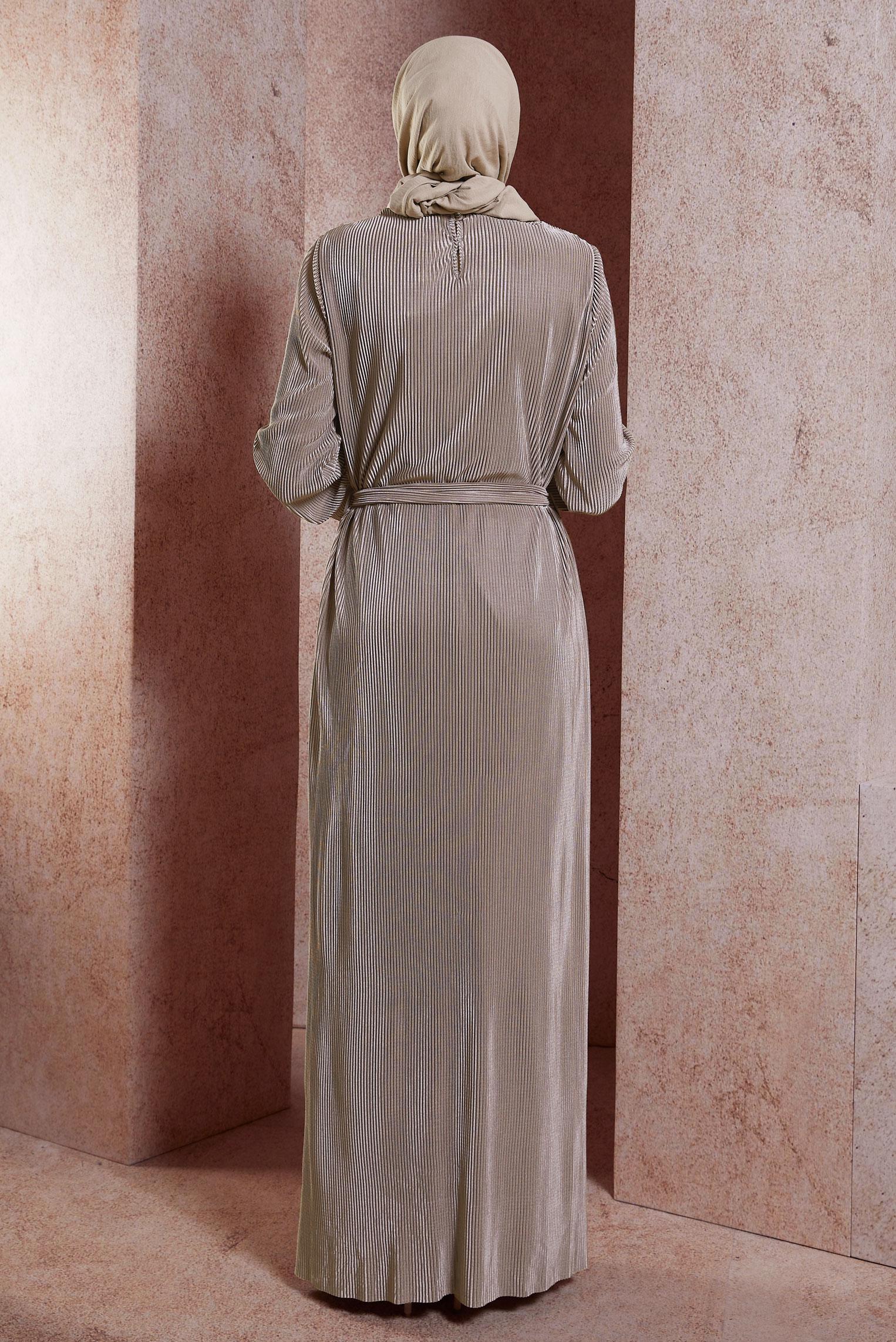 Tesettür giyim VİZON KUŞAKLI TESETTÜR ELBİSE 44577