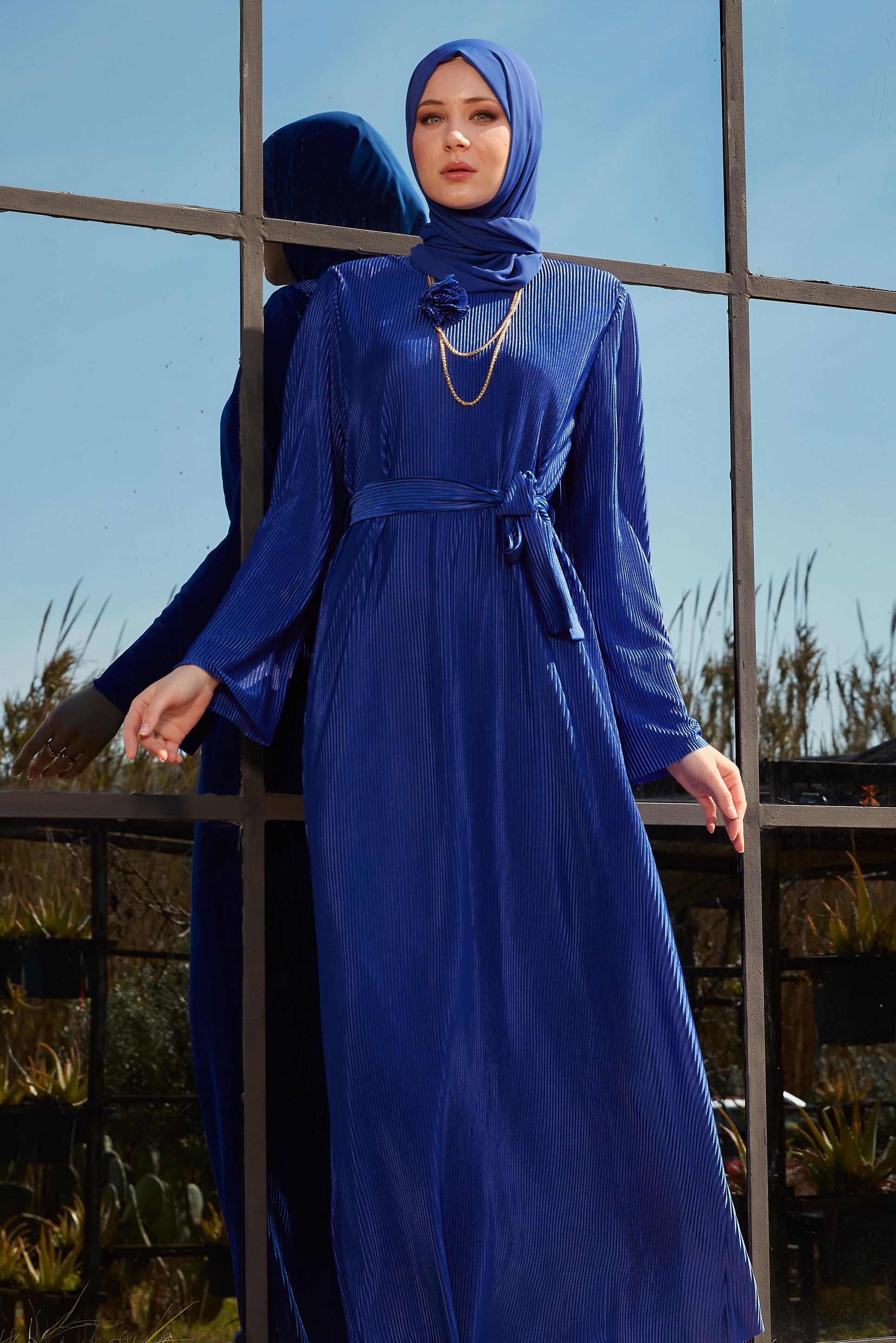 Tesettür giyim LACİVERT KUŞAKLI TESETTÜR ELBİSE 44577