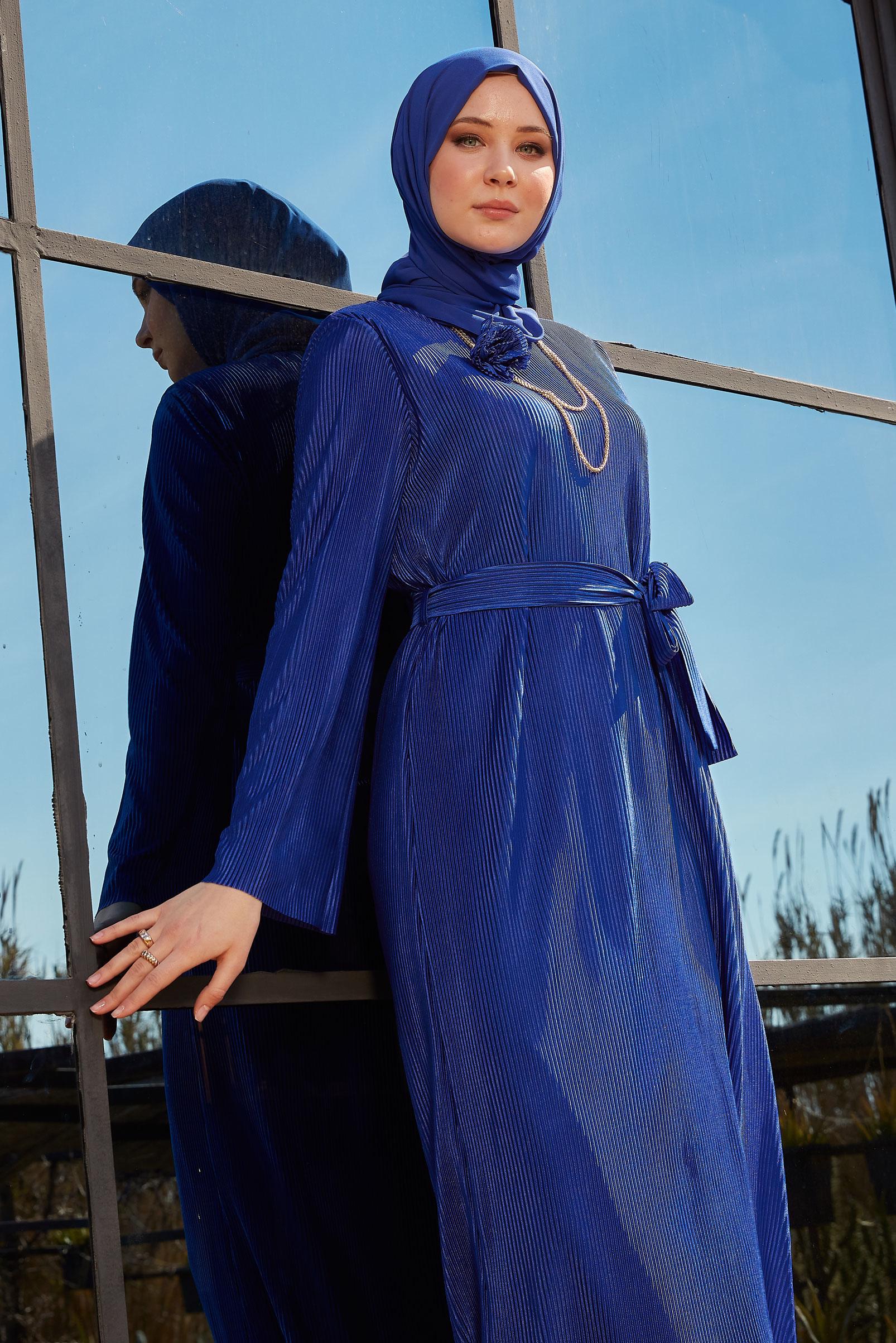 Tesettür giyim LACİVERT KUŞAKLI TESETTÜR ELBİSE 44577