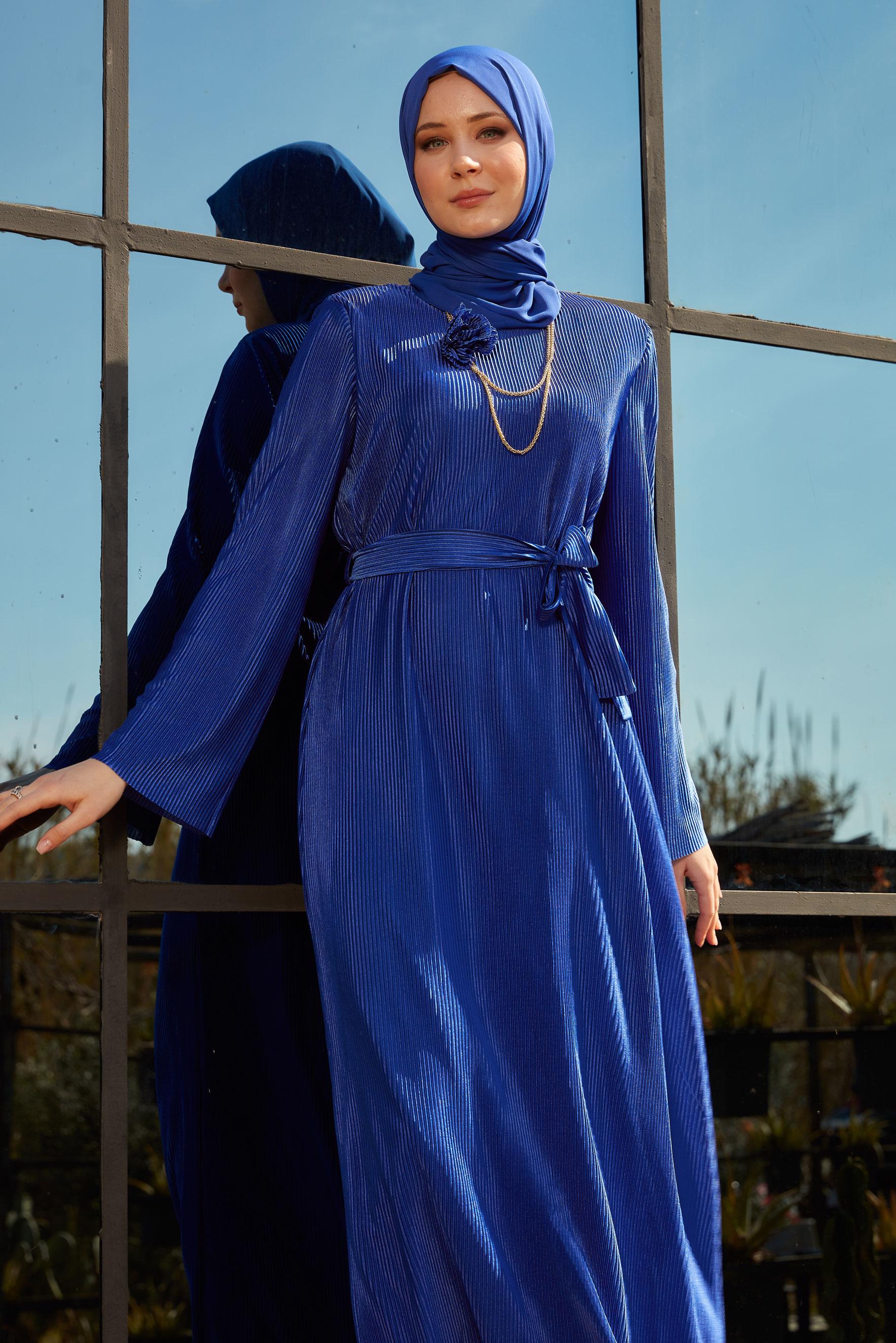 Tesettür giyim LACİVERT KUŞAKLI TESETTÜR ELBİSE 44577