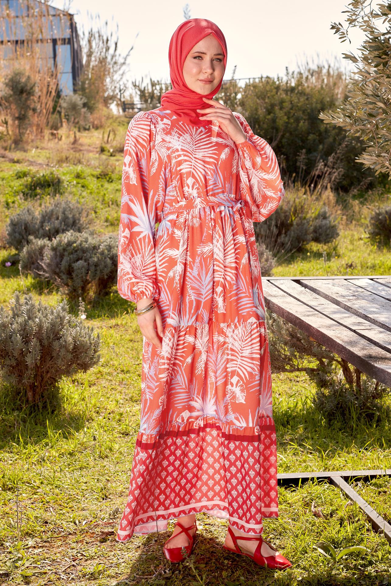 Tesettür giyim MERCAN KUŞAKLI DESENLİ ELBİSE 44578