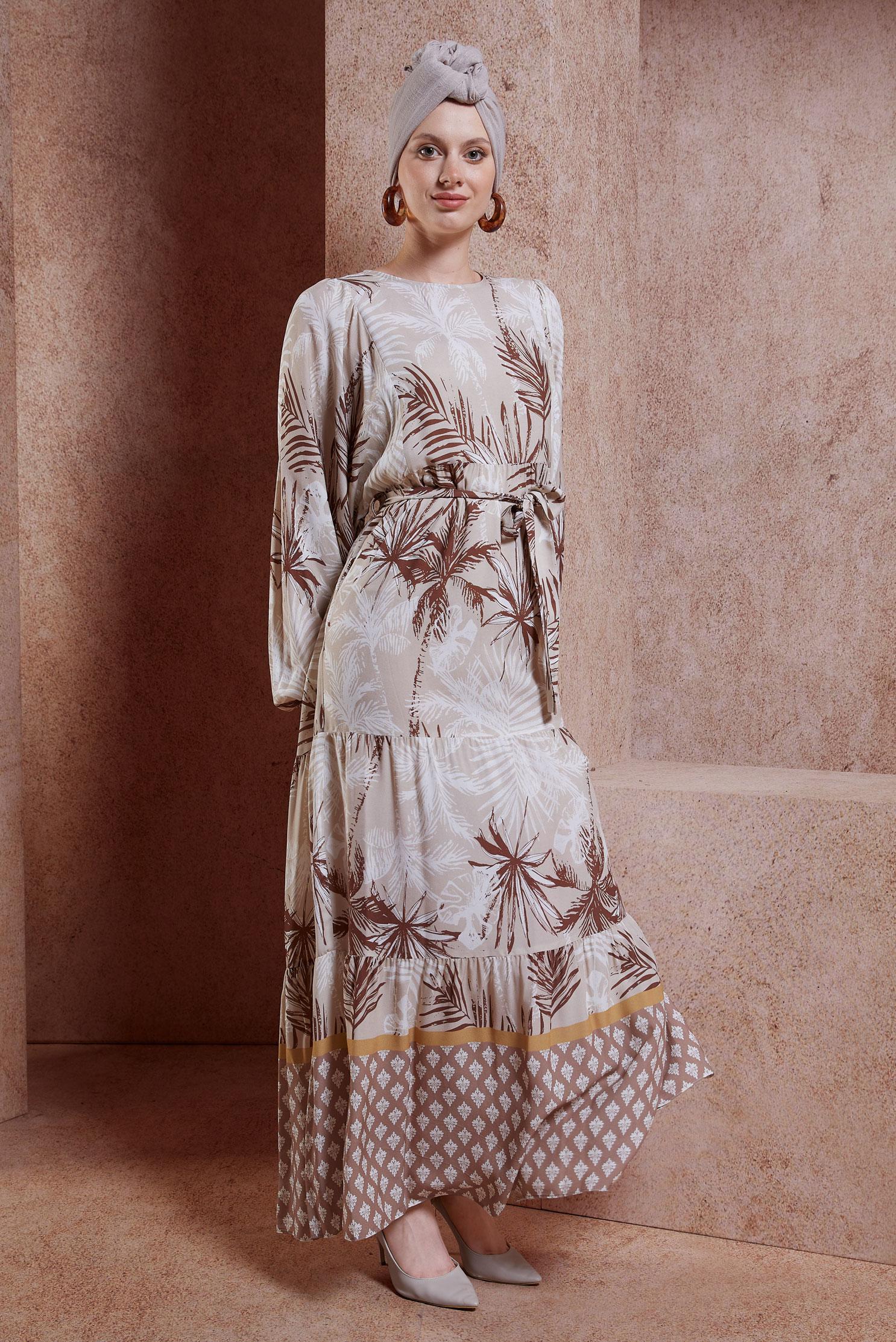 Hijab clothing MINK BELTED PATTERNED DRESS 44578