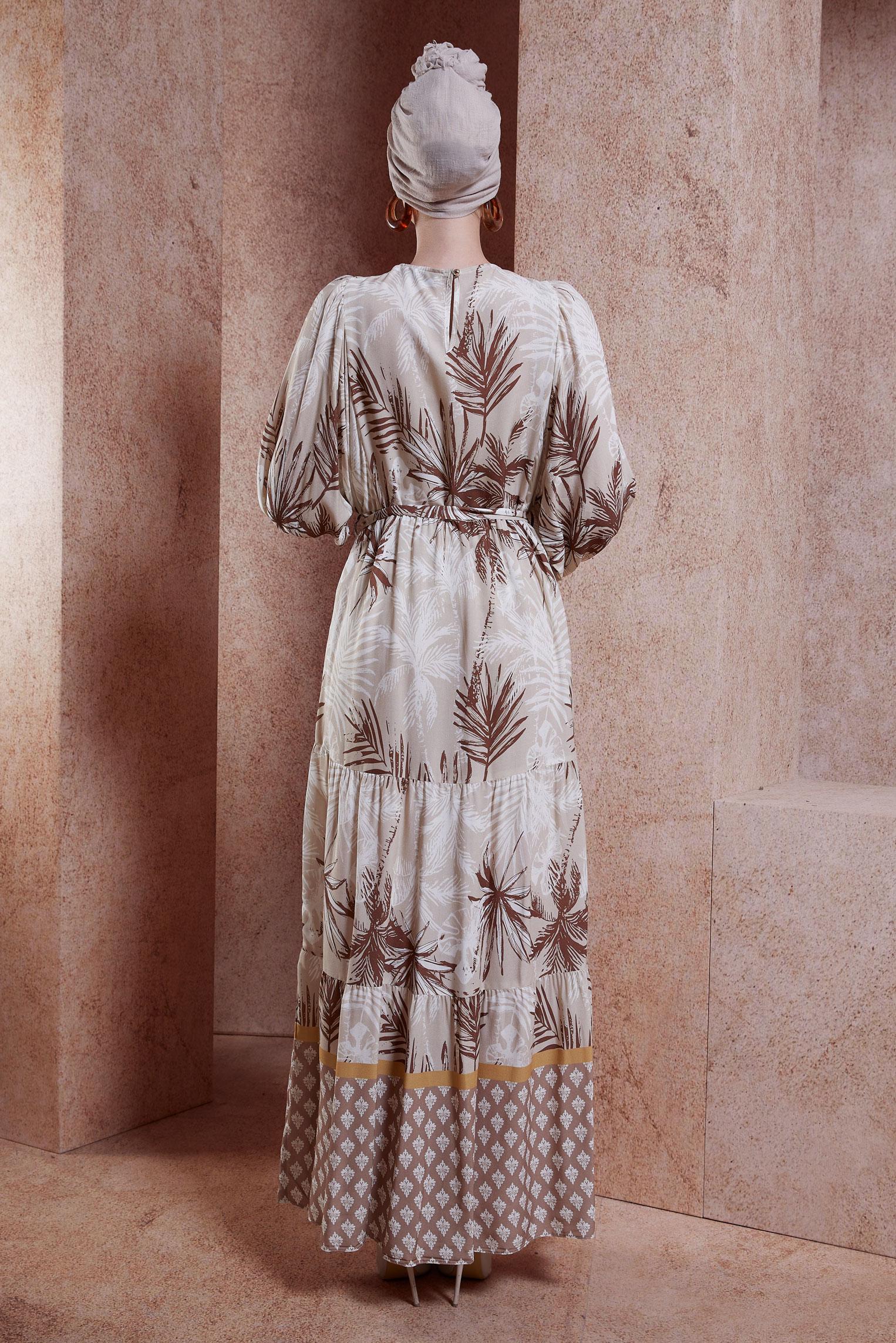 Hijab clothing MINK BELTED PATTERNED DRESS 44578