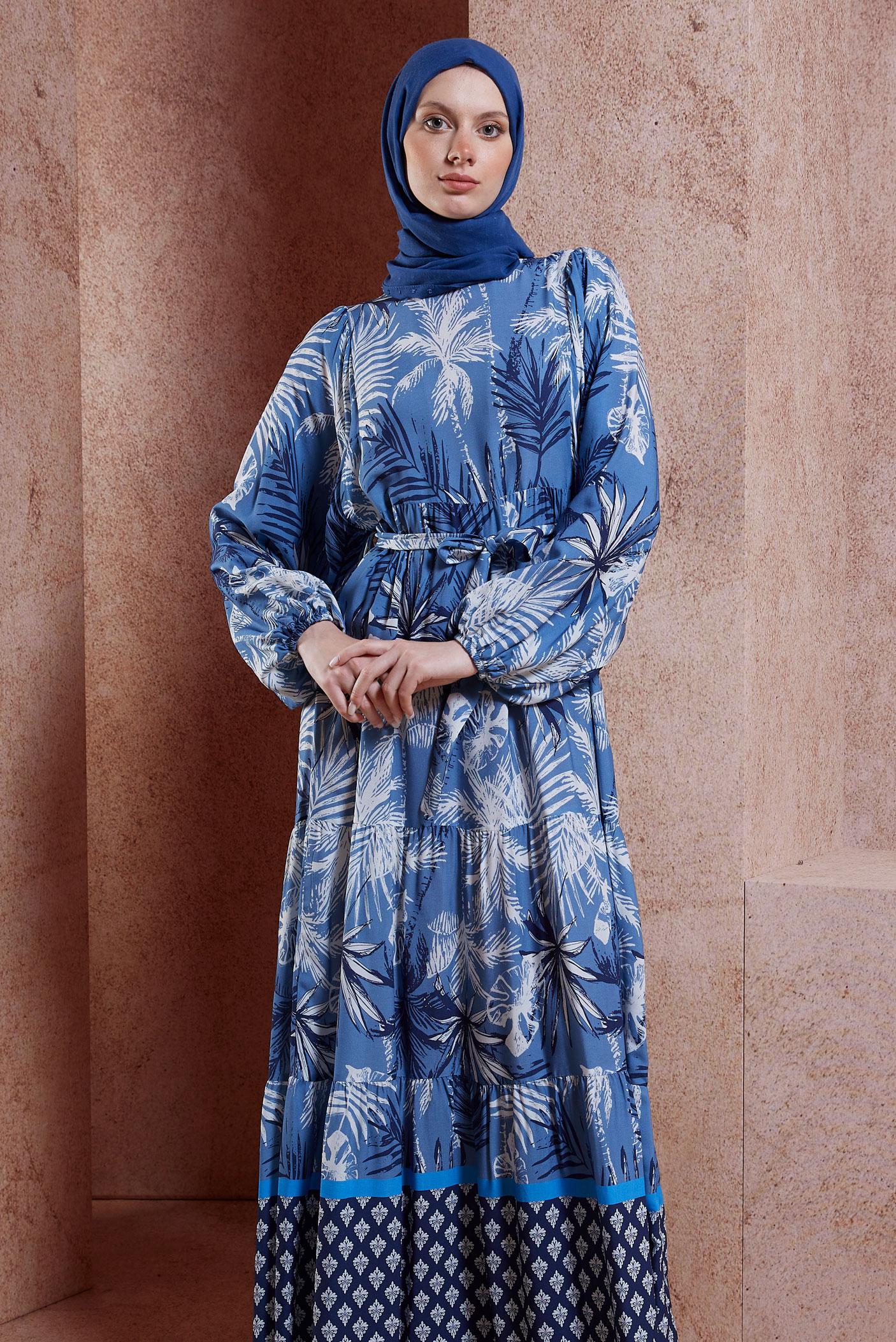 Hijab clothing NAVY BLUE BELTED PATTERNED DRESS 44578