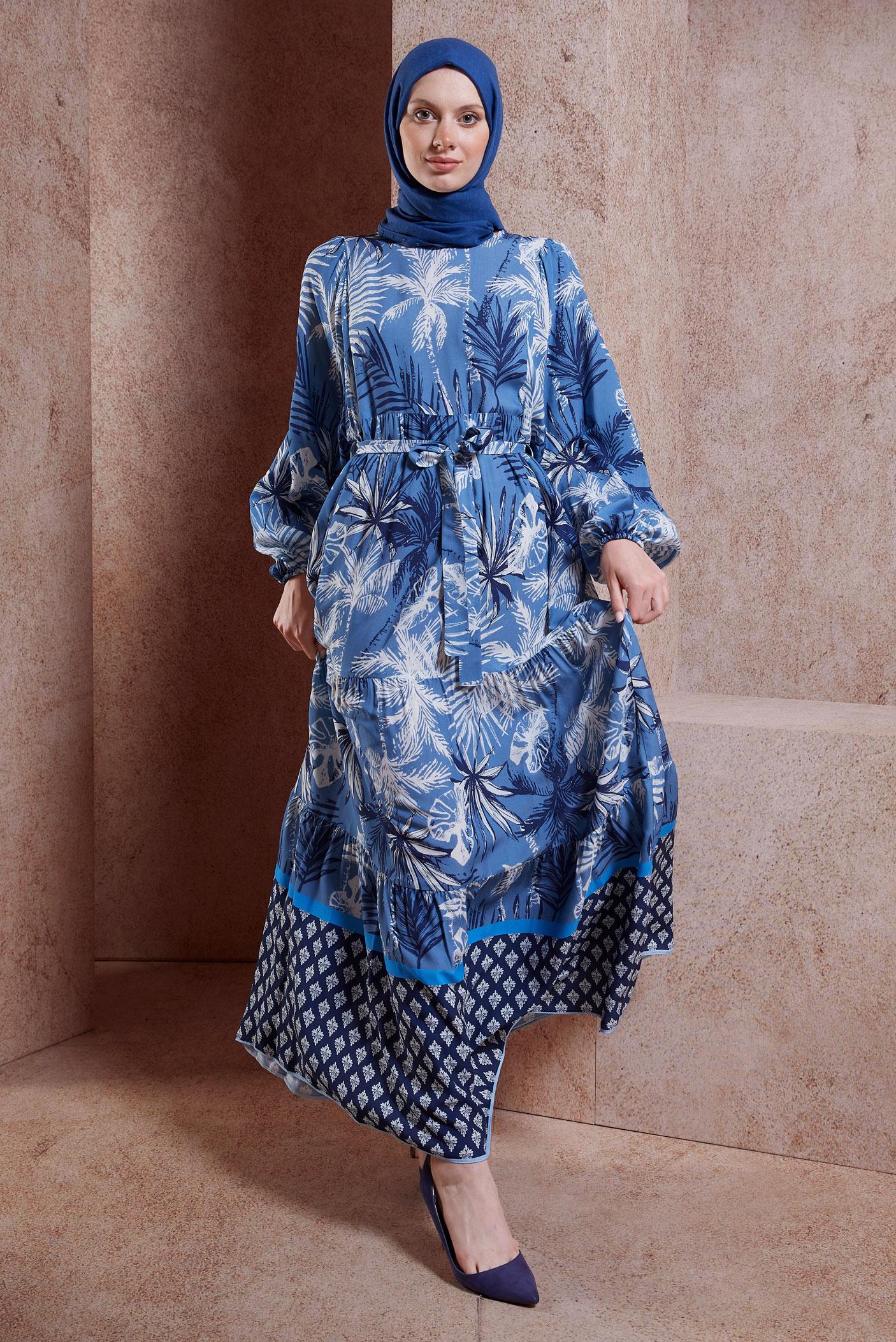 Hijab clothing NAVY BLUE BELTED PATTERNED DRESS 44578