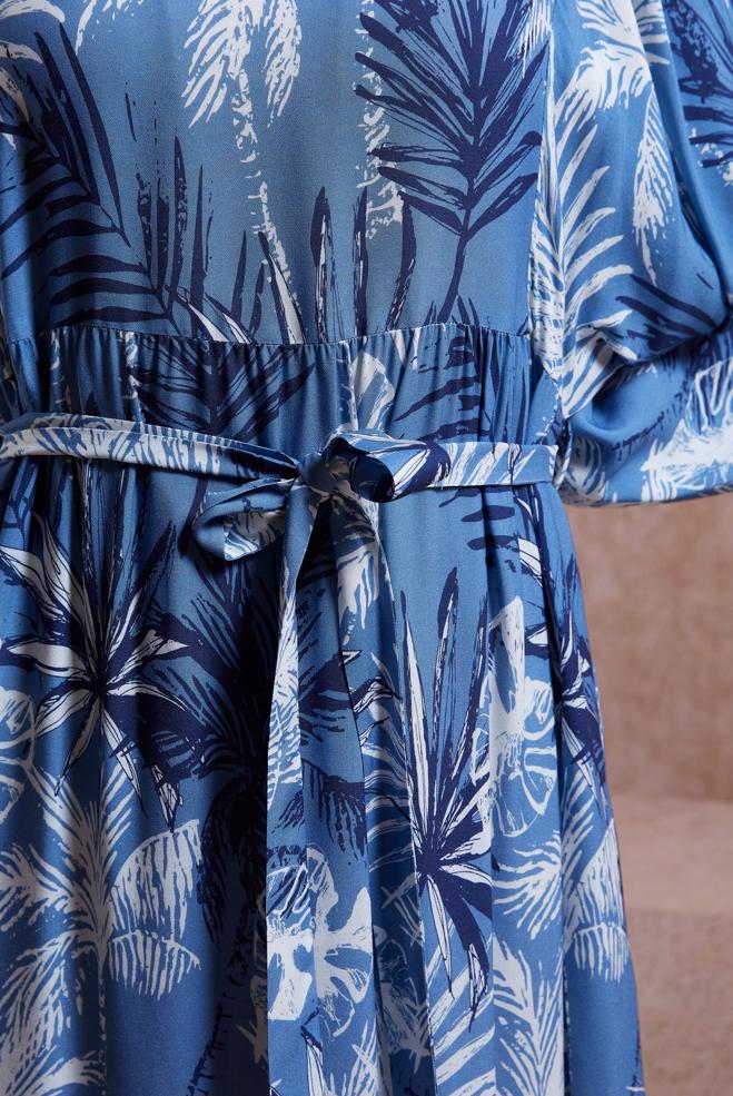 Tesettür giyim LACİVERT KUŞAKLI DESENLİ ELBİSE 44578 - ALVİNA