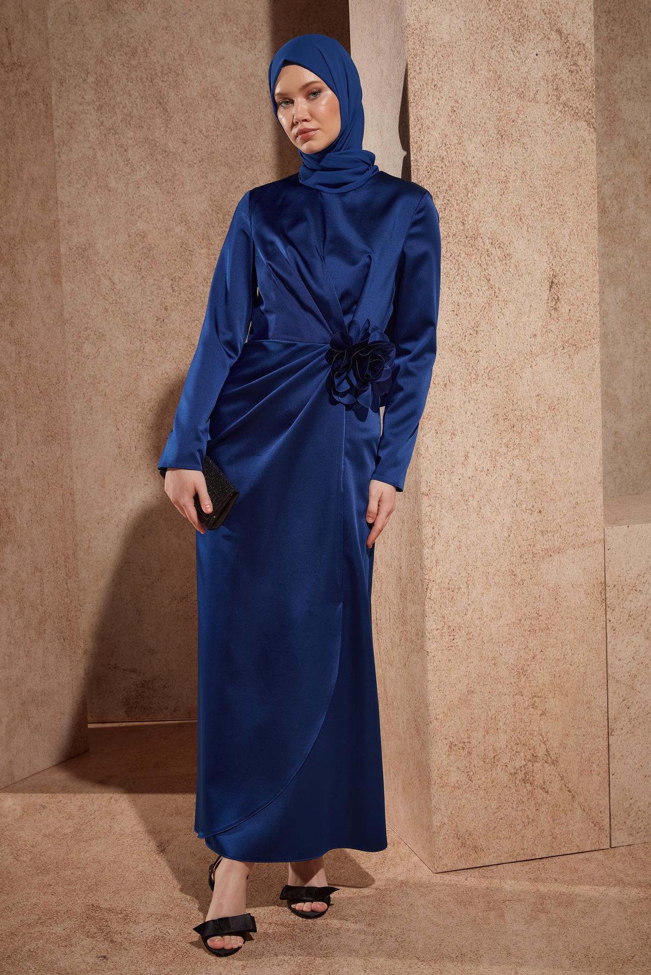 Hijab clothing BLUE SATIN DRESS WITH ACCESSORY 44579