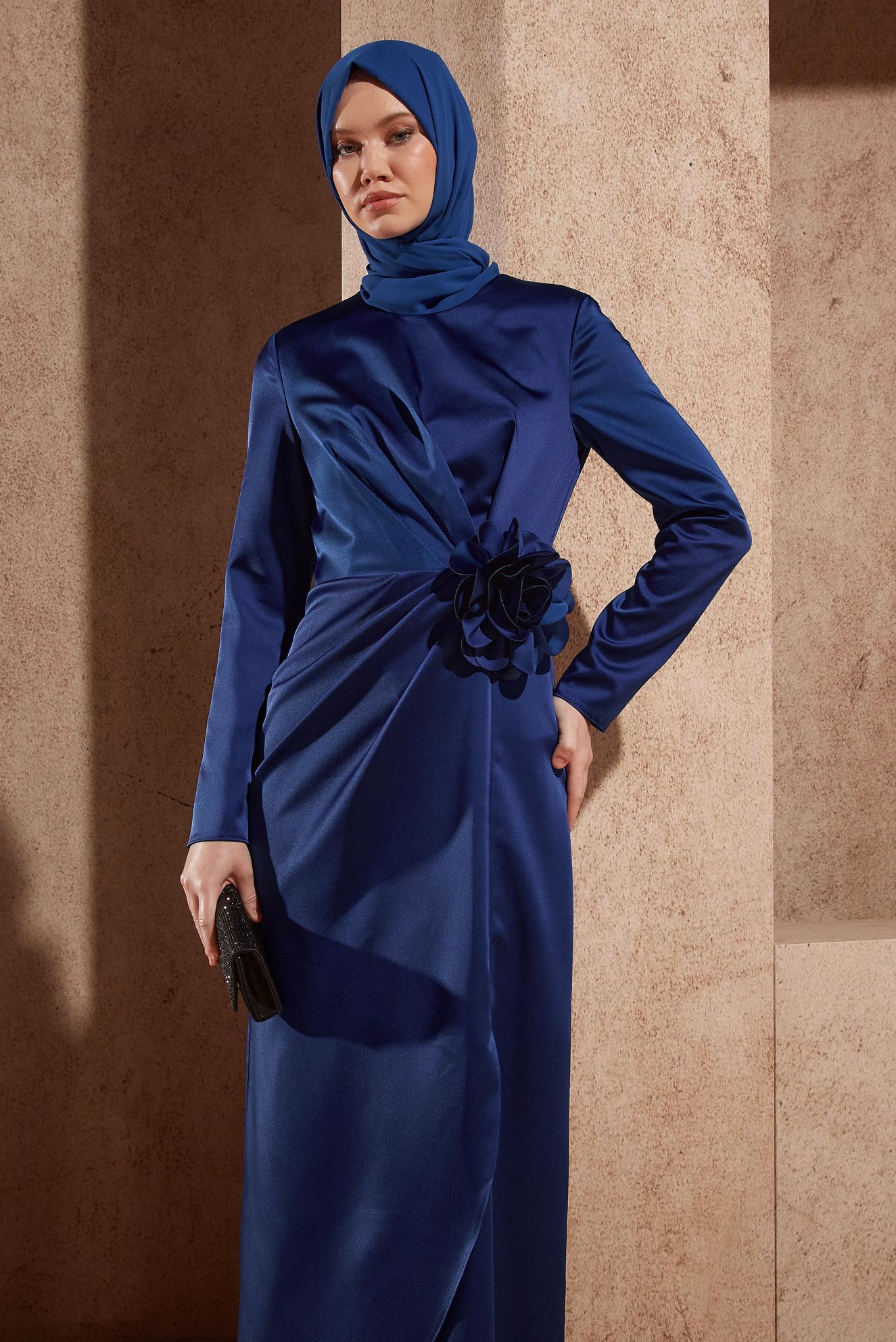 Hijab clothing BLUE SATIN DRESS WITH ACCESSORY 44579