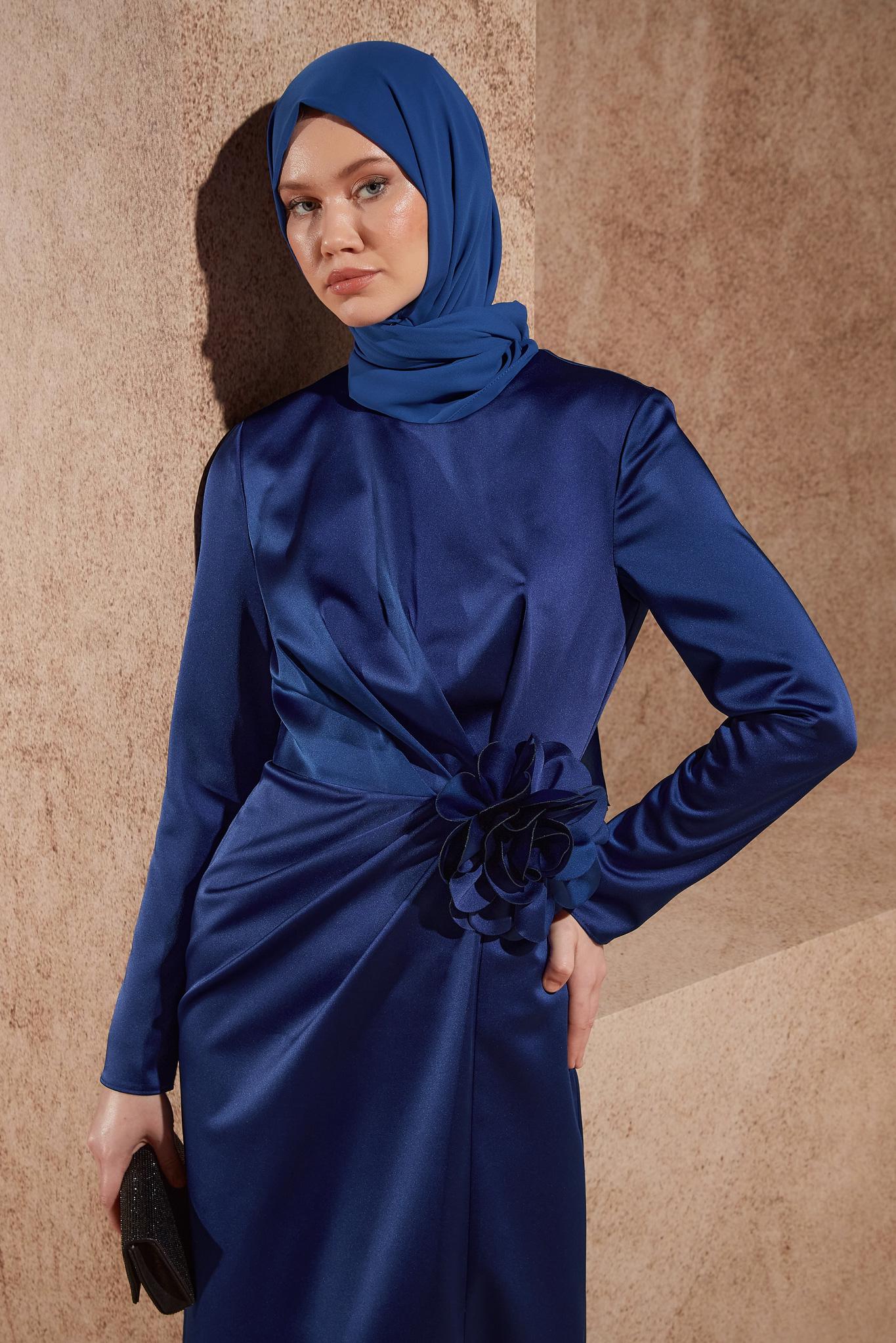 Hijab clothing BLUE SATIN DRESS WITH ACCESSORY 44579