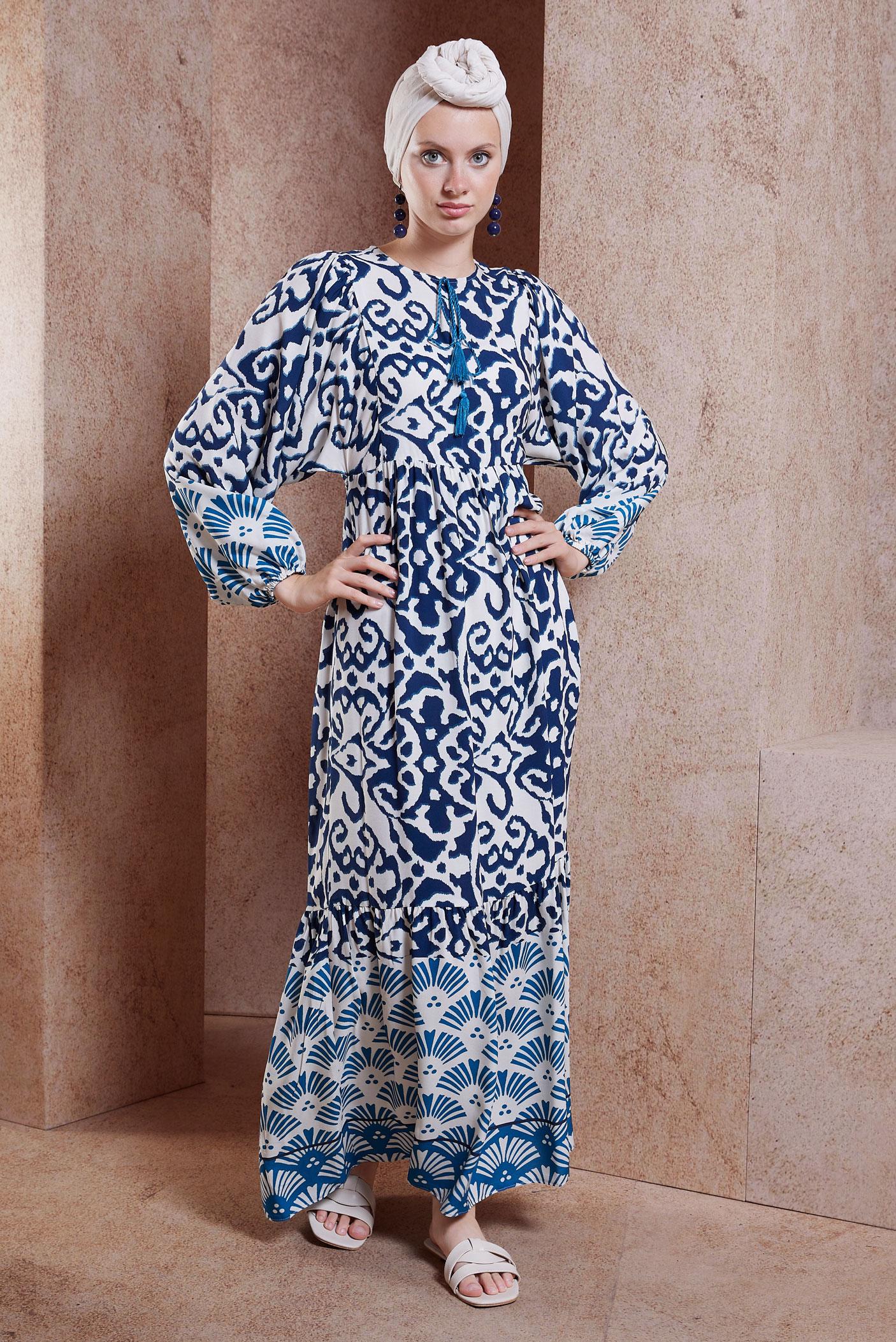 Tesettür giyim LACİVERT DESENLİ VİSKON ELBİSE 44599